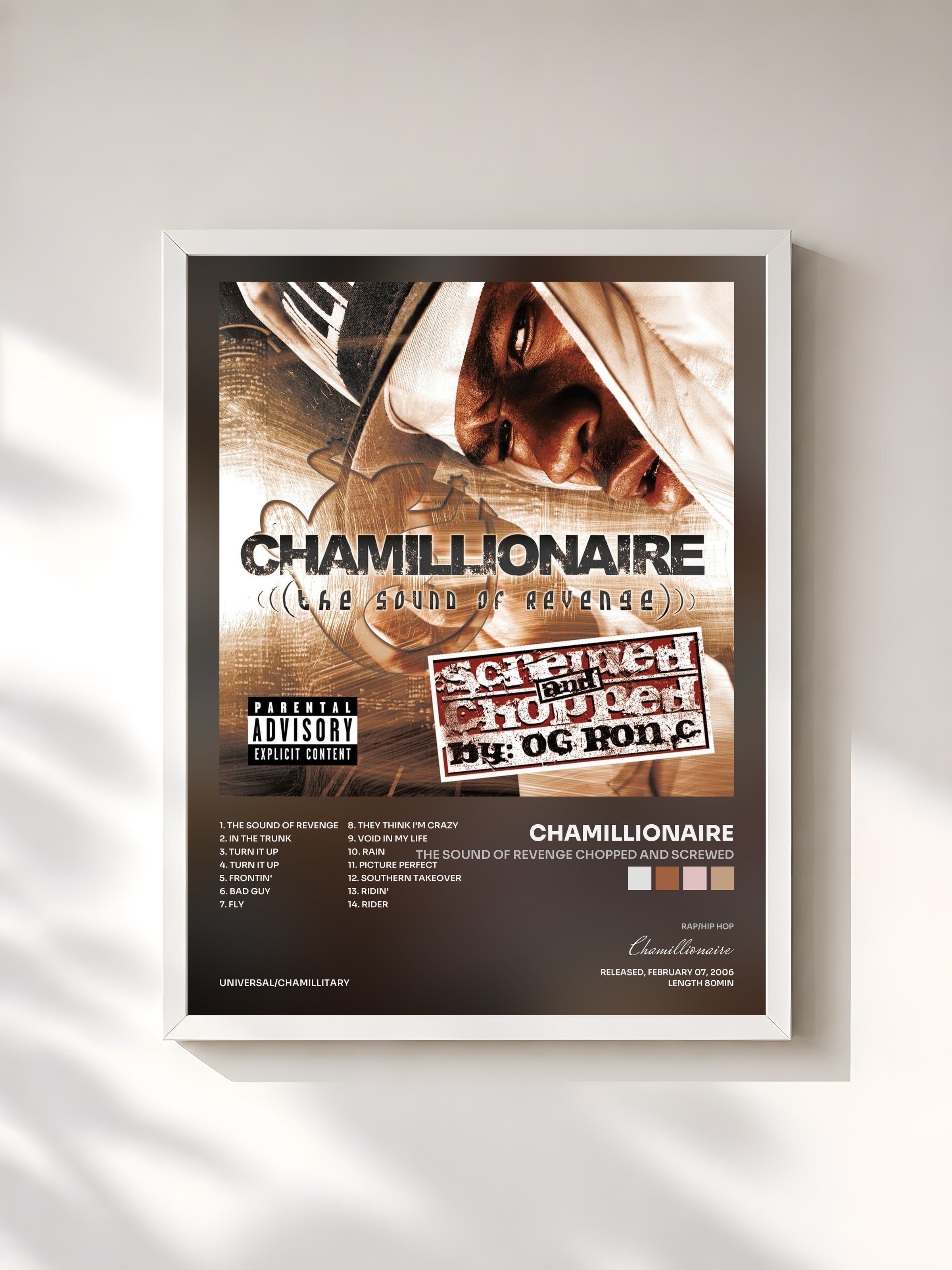 #blanc Tableau de l'album The Sound Of Revenge CHOPPED AND SCREWED de Chamillionaire, cadre blanc, imprimé et encadré en France