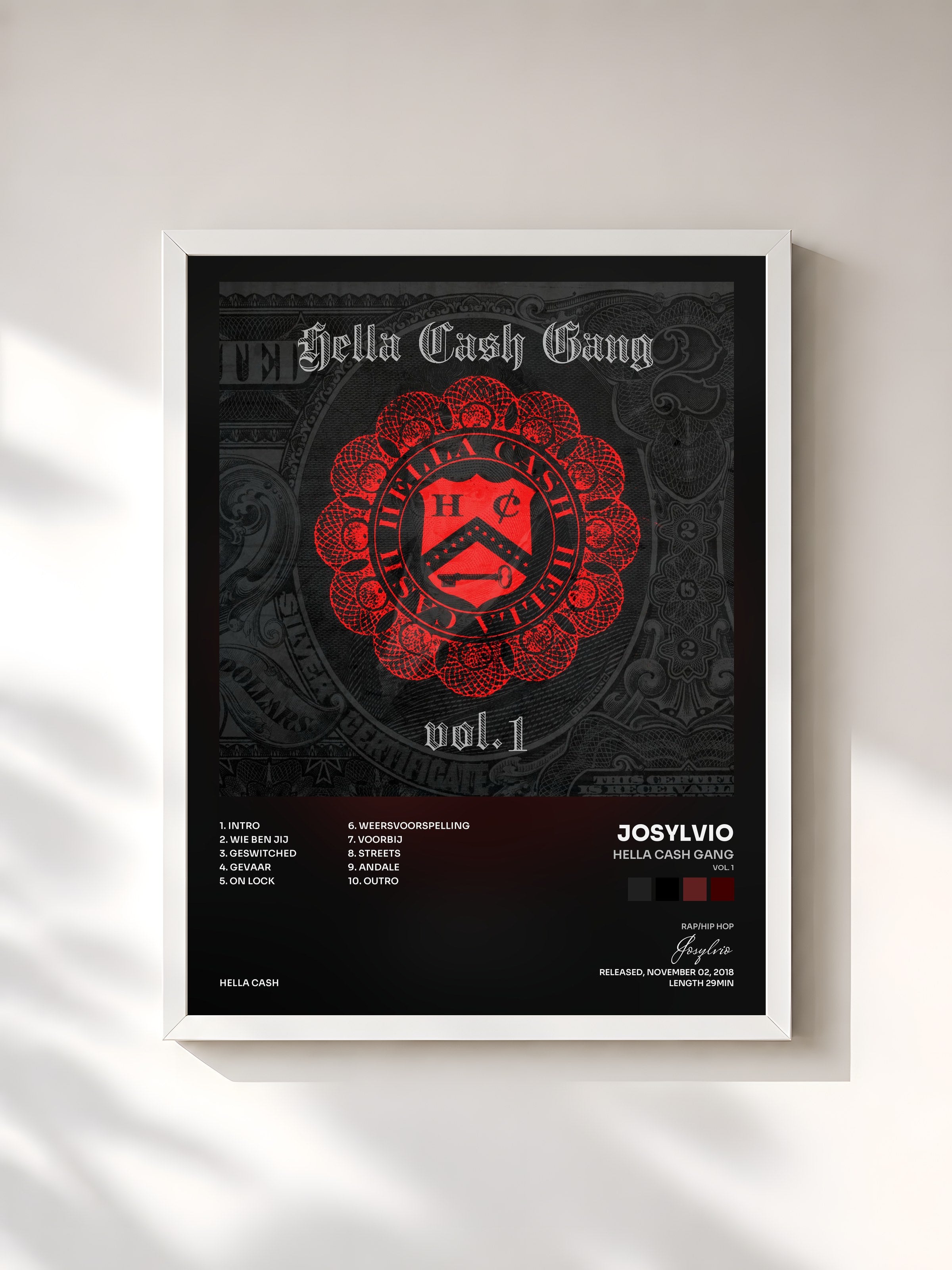 #blanc Tableau de l'album Hella Cash Gang (Vol. 1) de Josylvio, cadre blanc, imprimé et encadré en France