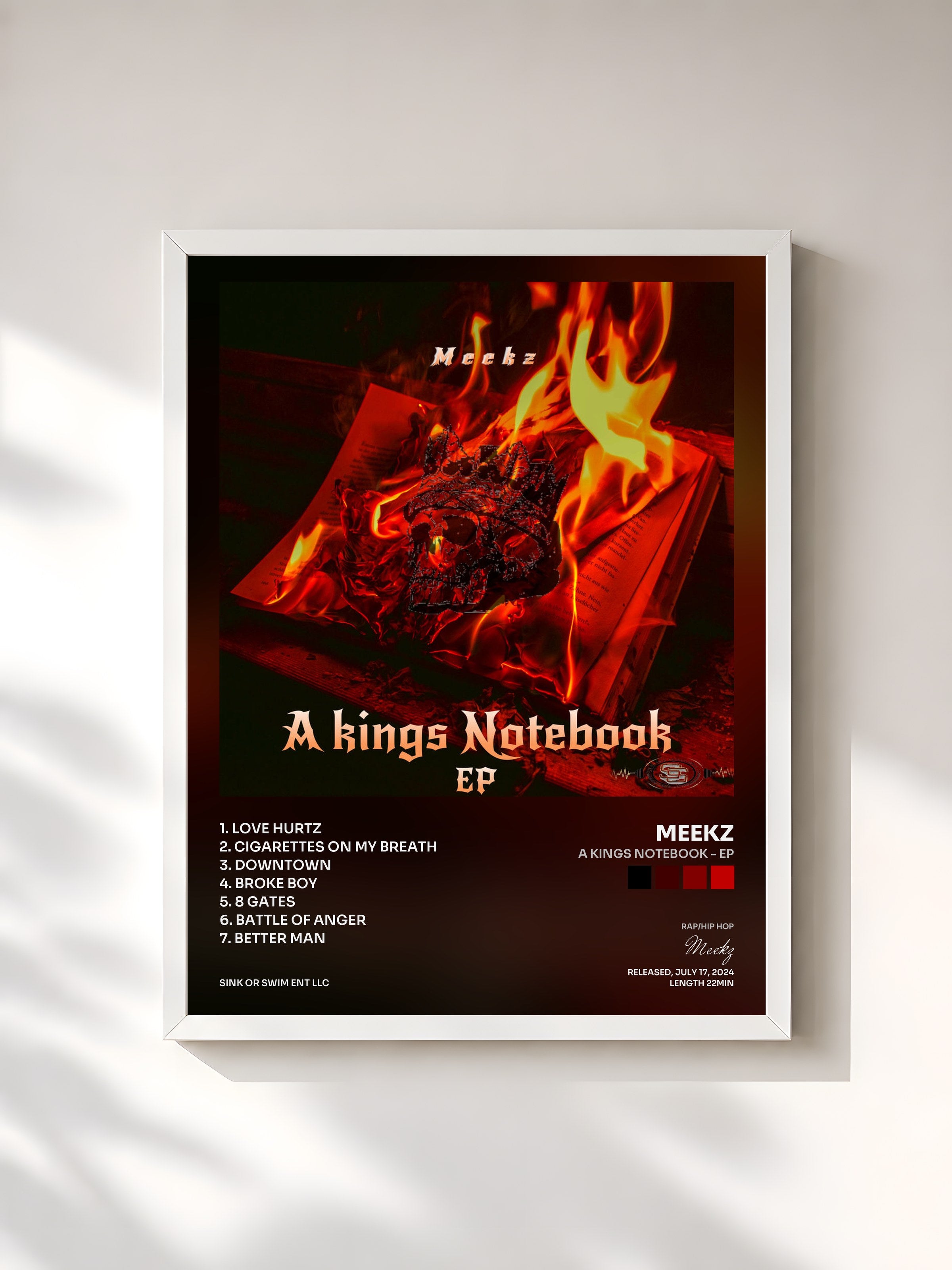 #blanc Tableau de l'album A Kings Notebook - EP de Meekz, cadre blanc, imprimé et encadré en France