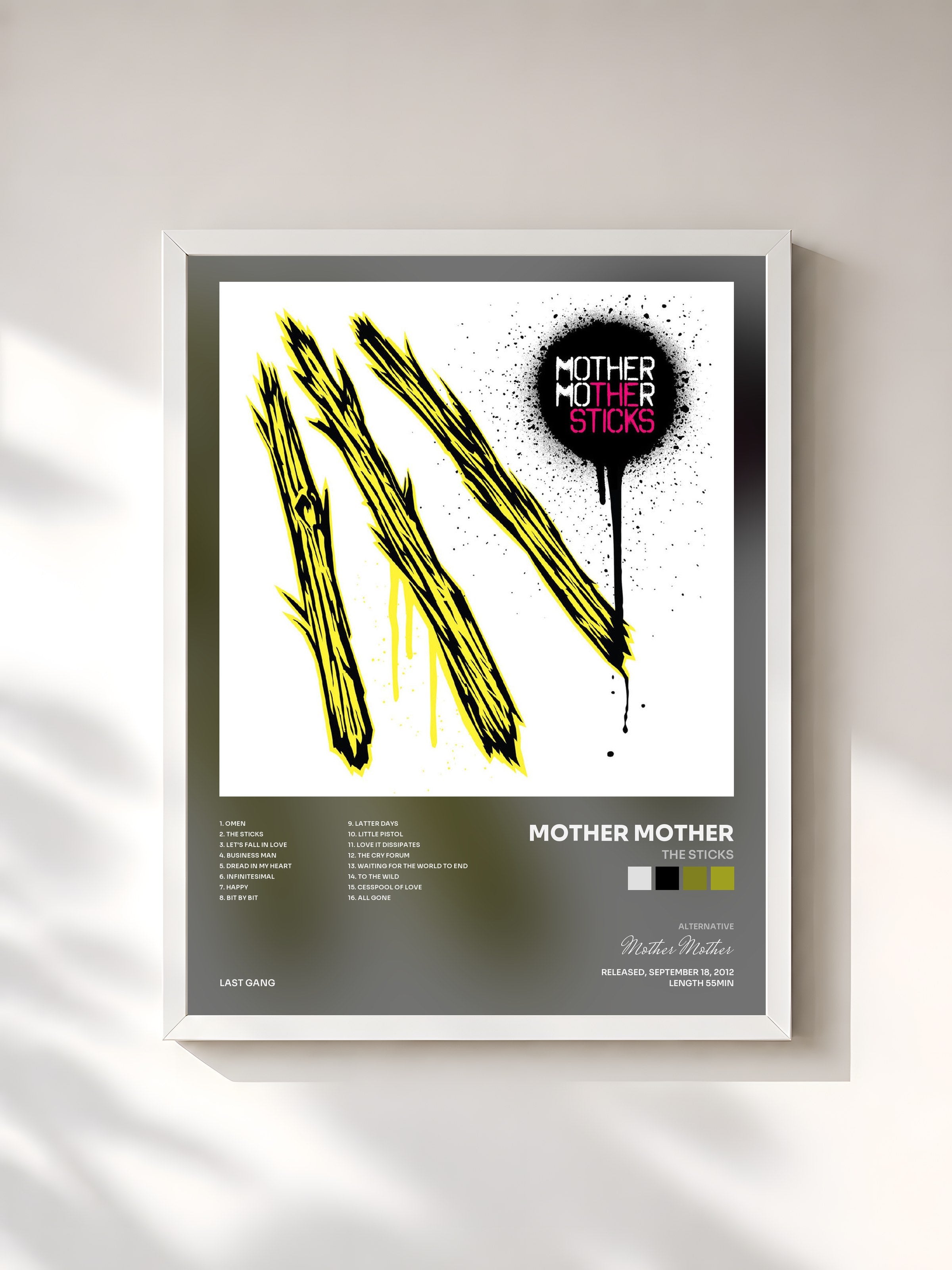 #blanc Tableau de l'album The Sticks de Mother Mother, cadre blanc, imprimé et encadré en France