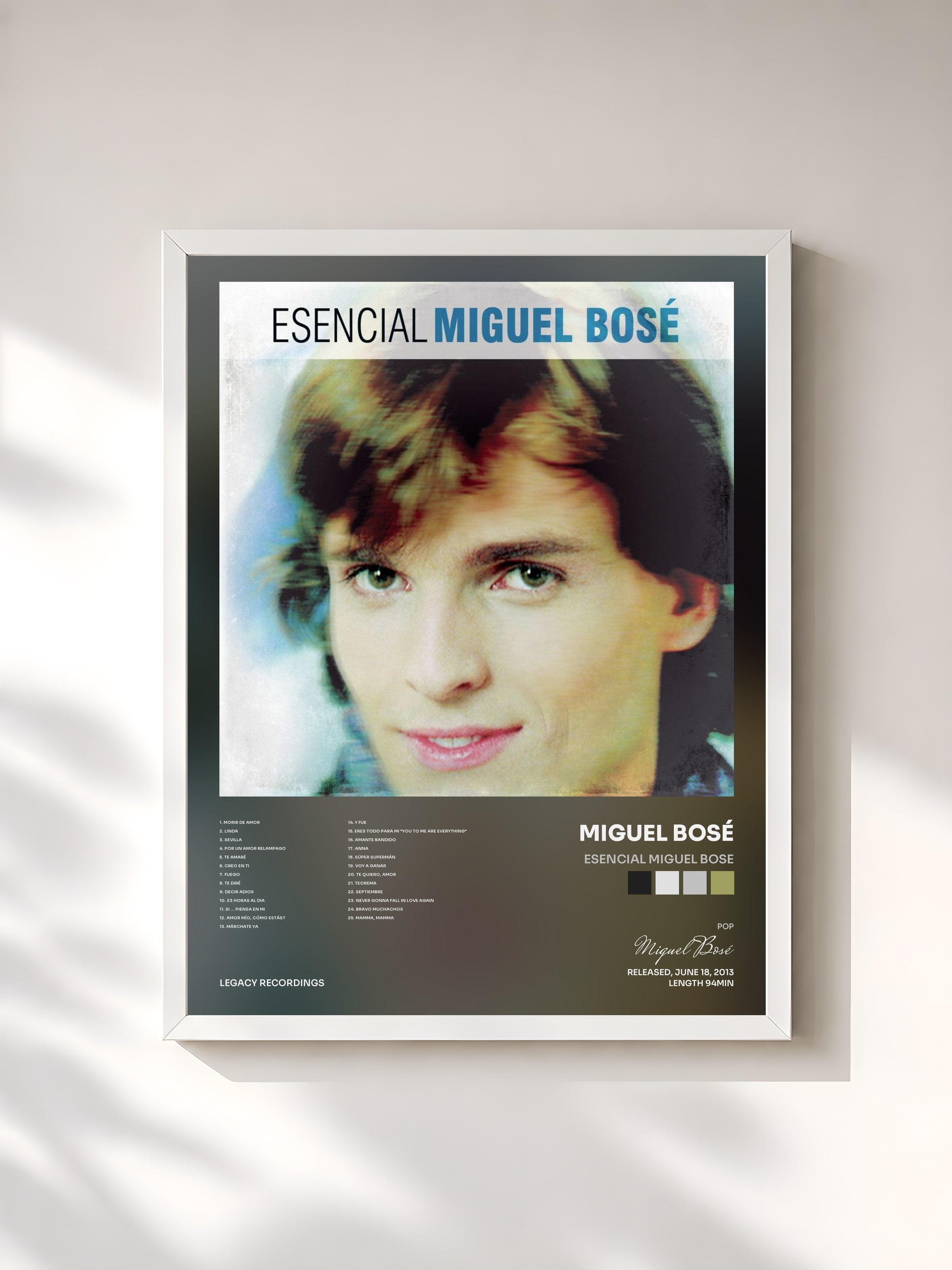 #blanc Tableau de l'album Esencial Miguel Bose de Miguel Bosé, cadre blanc, imprimé et encadré en France