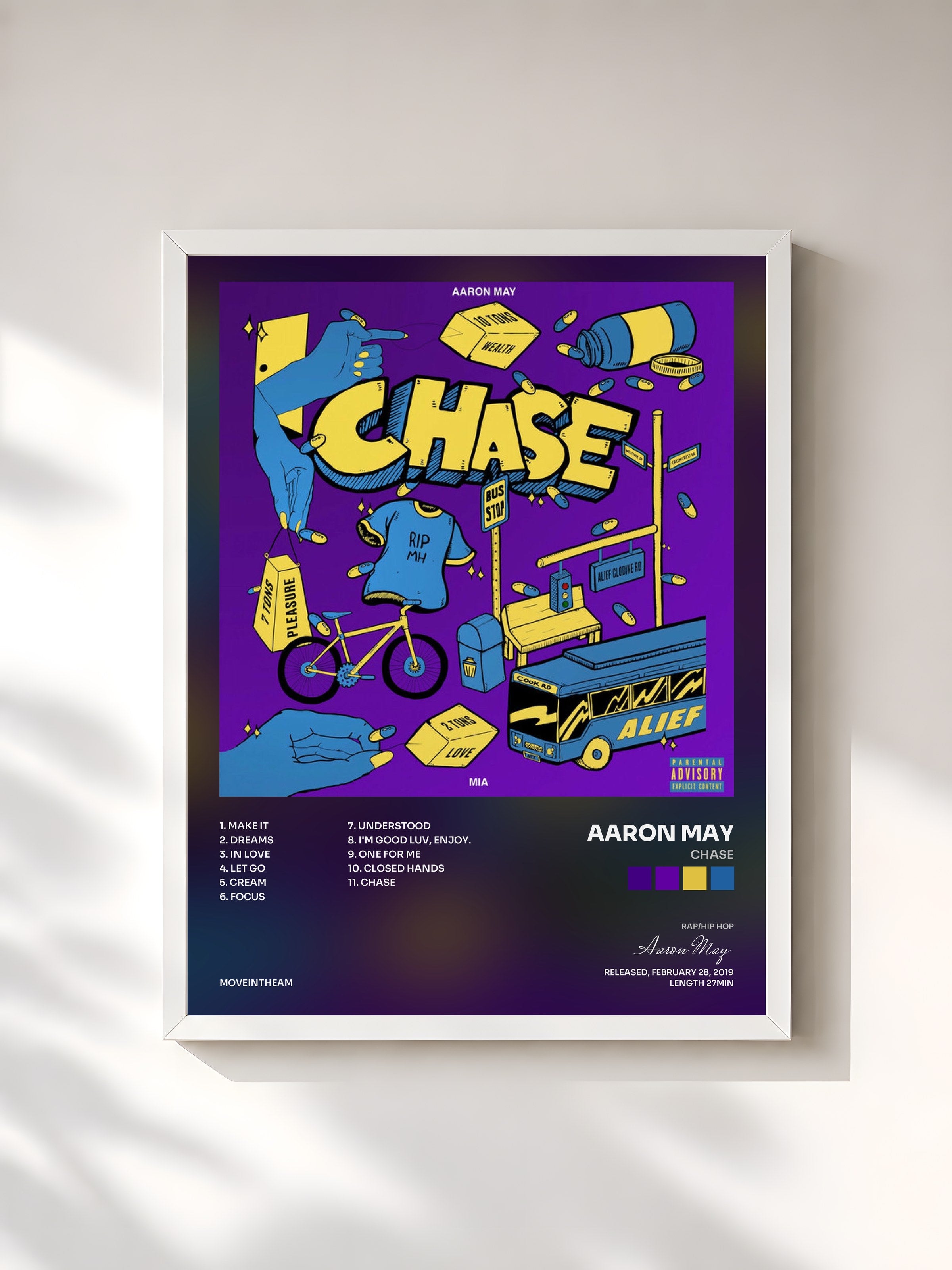 #blanc Tableau de l'album CHASE de Aaron May, cadre blanc, imprimé et encadré en France