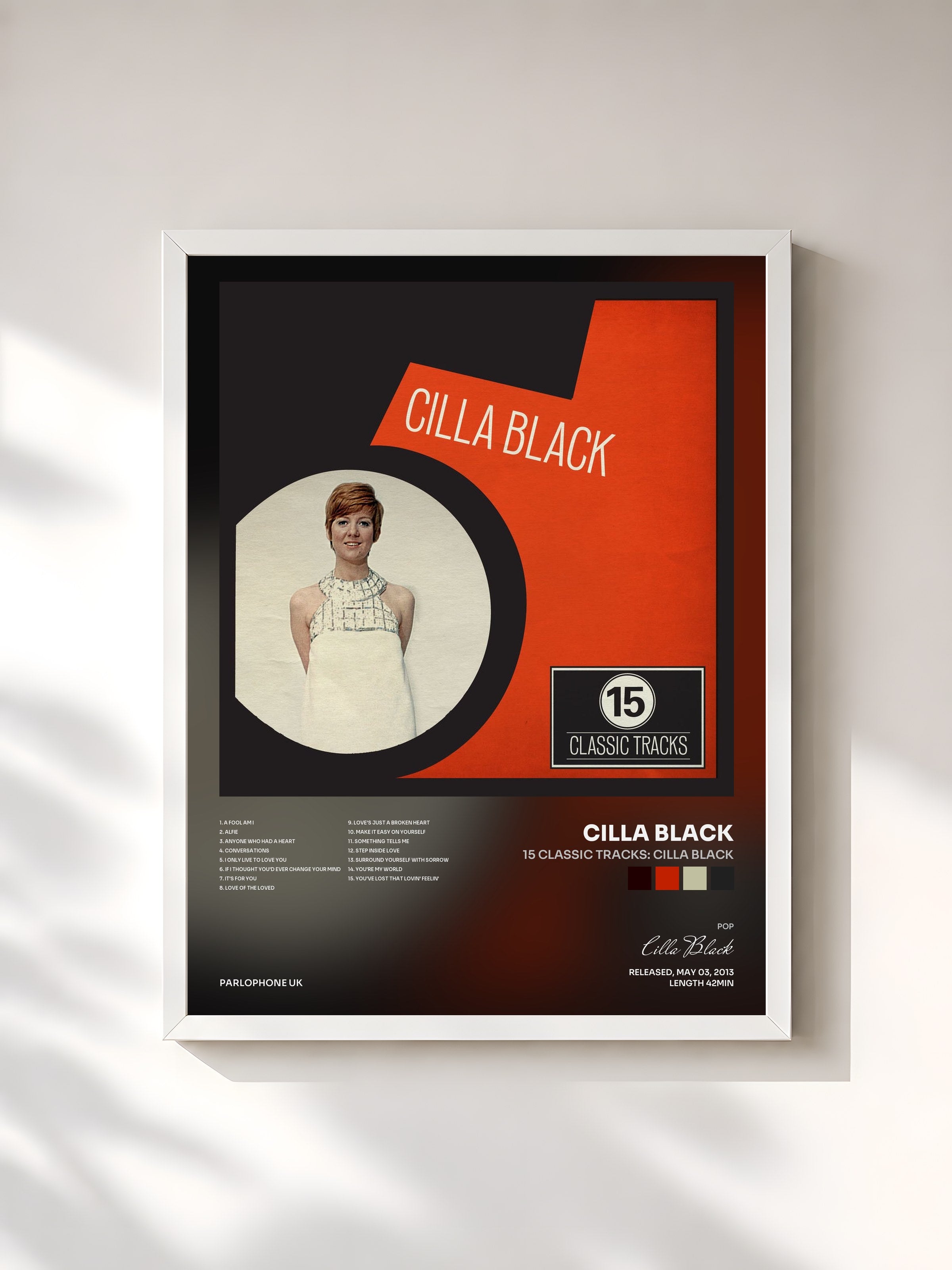 #blanc Tableau de l'album 15 Classic Tracks: Cilla Black de Cilla Black, cadre blanc, imprimé et encadré en France