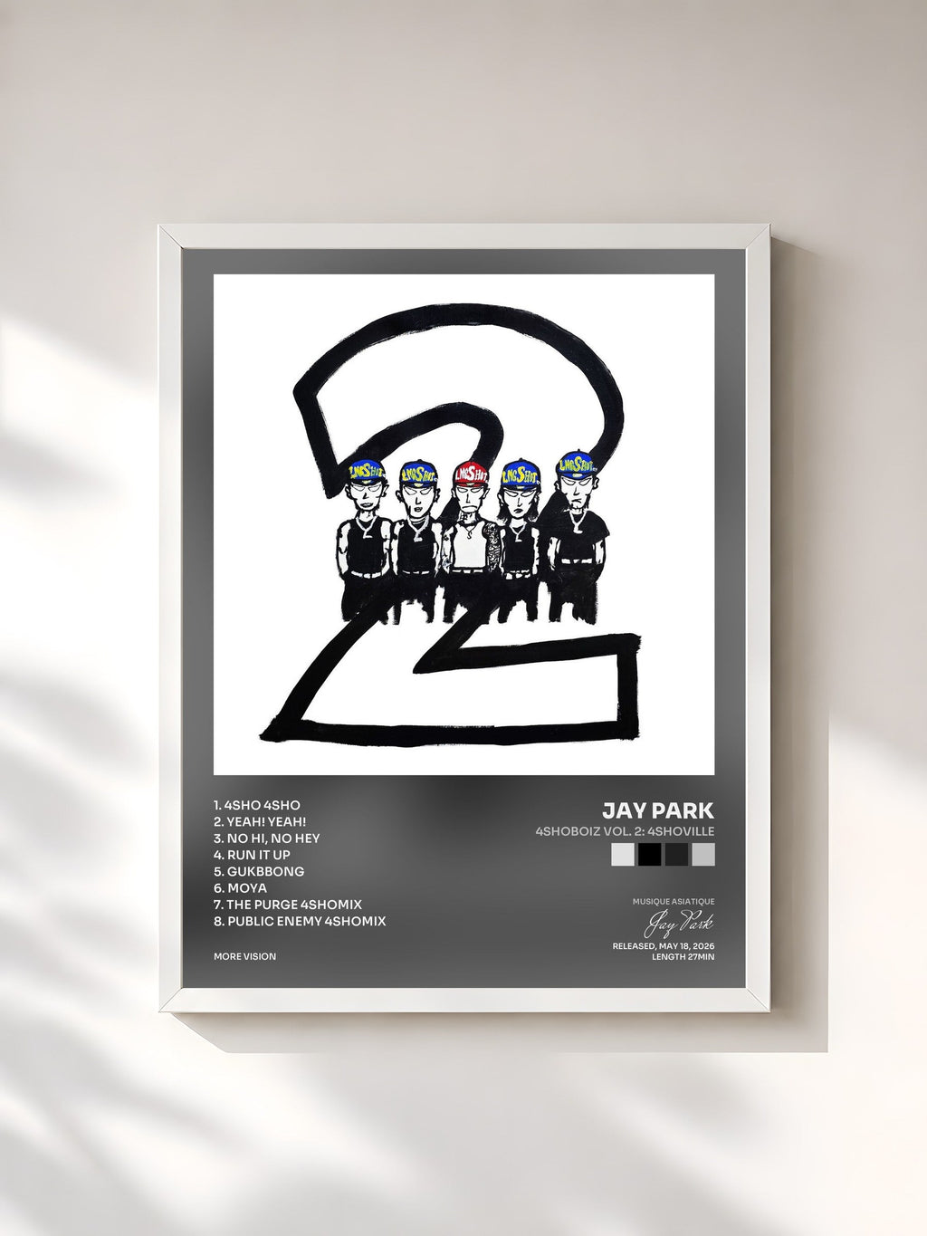 #blanc Tableau de l'album 4SHOBOIZ Vol. 2: 4SHOVILLE de Jay Park, cadre blanc, imprimé et encadré en France
