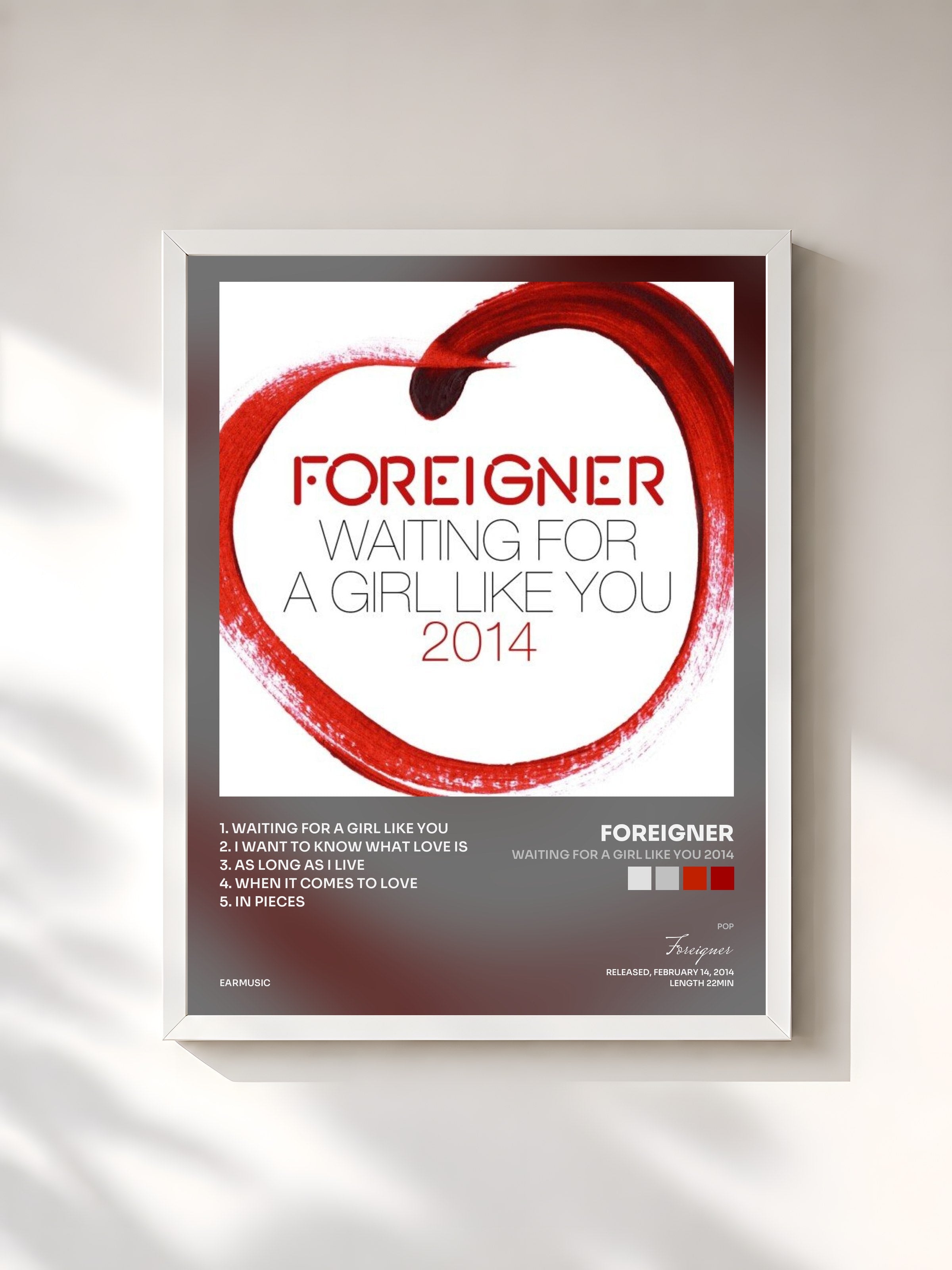 #blanc Tableau de l'album Waiting for a Girl Like You 2014 de Foreigner, cadre blanc, imprimé et encadré en France