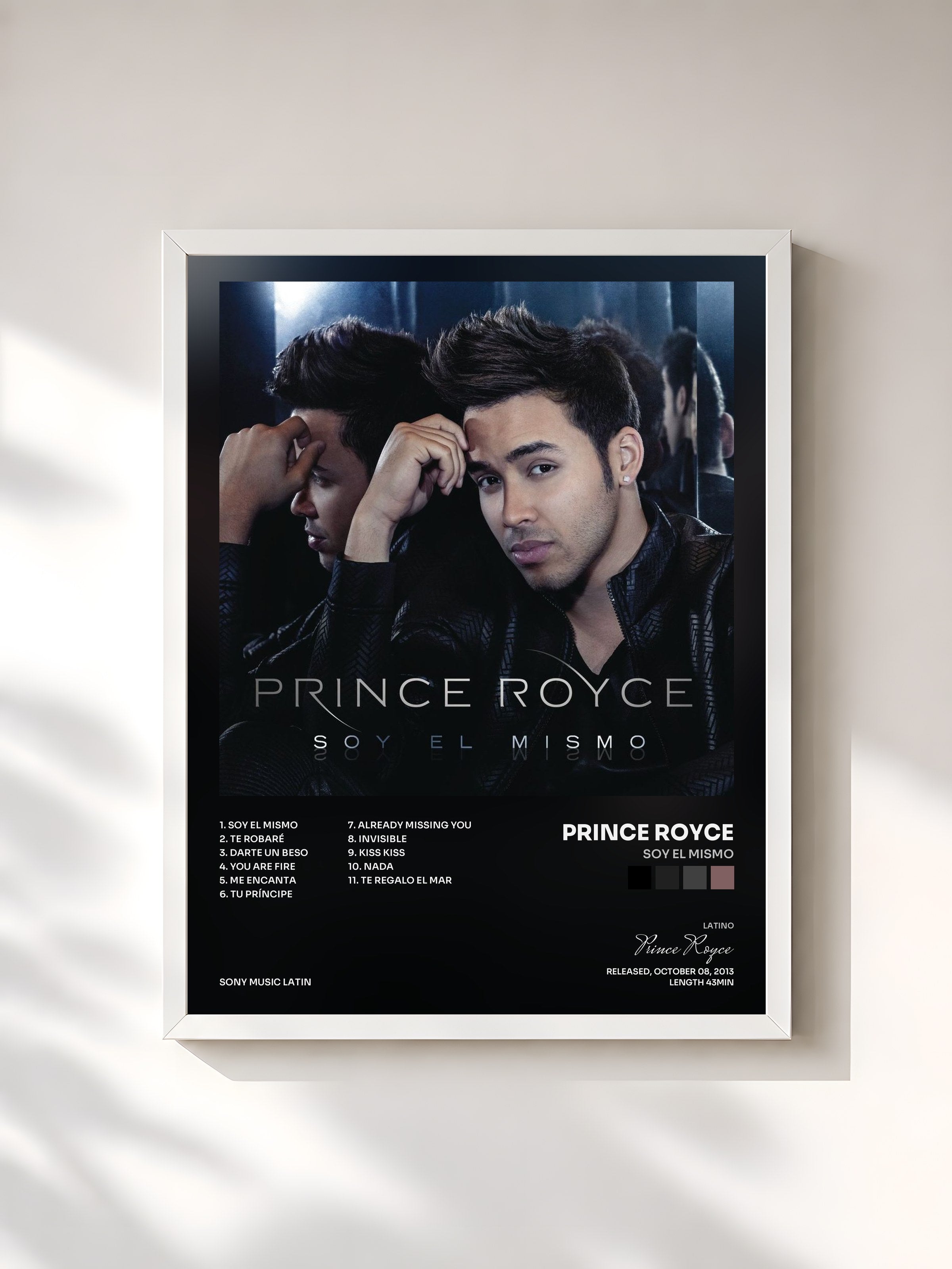 #blanc Tableau de l'album Soy el Mismo de Prince Royce, cadre blanc, imprimé et encadré en France