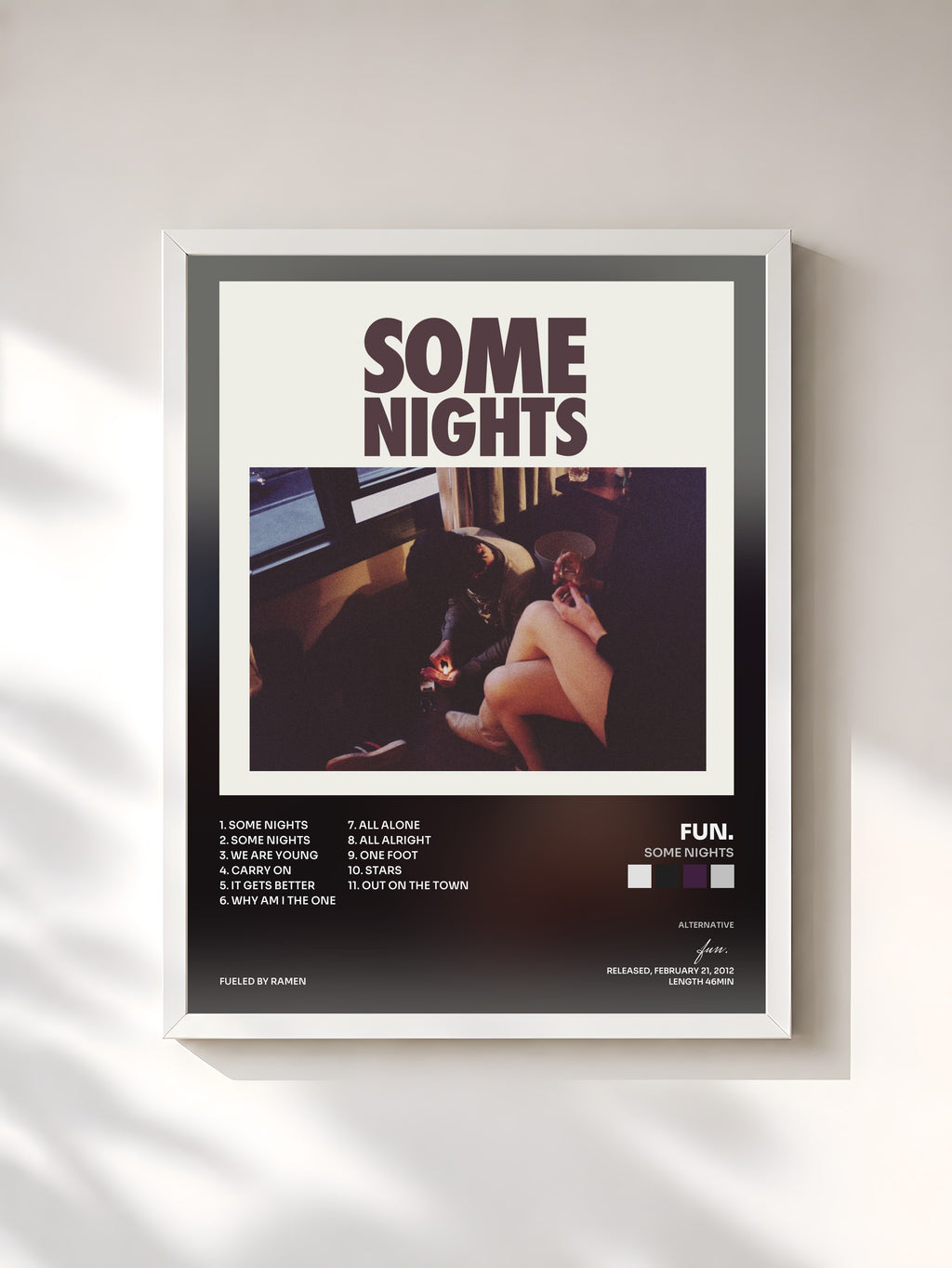 #blanc Tableau de l'album Some Nights de fun., cadre blanc, imprimé et encadré en France