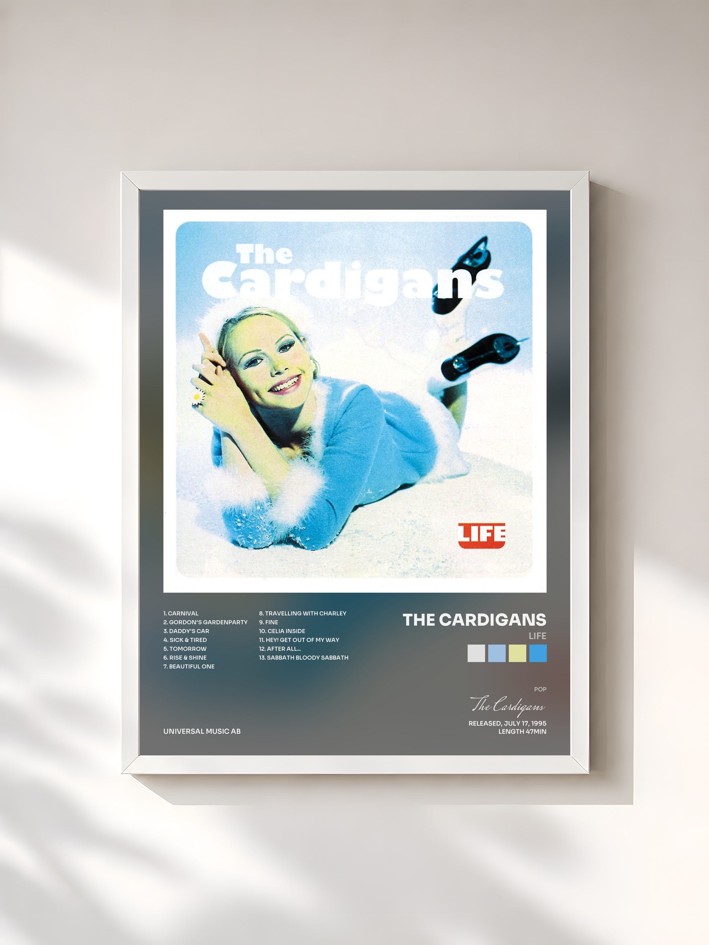 #blanc Tableau de l'album Life de The Cardigans, cadre blanc, imprimé et encadré en France