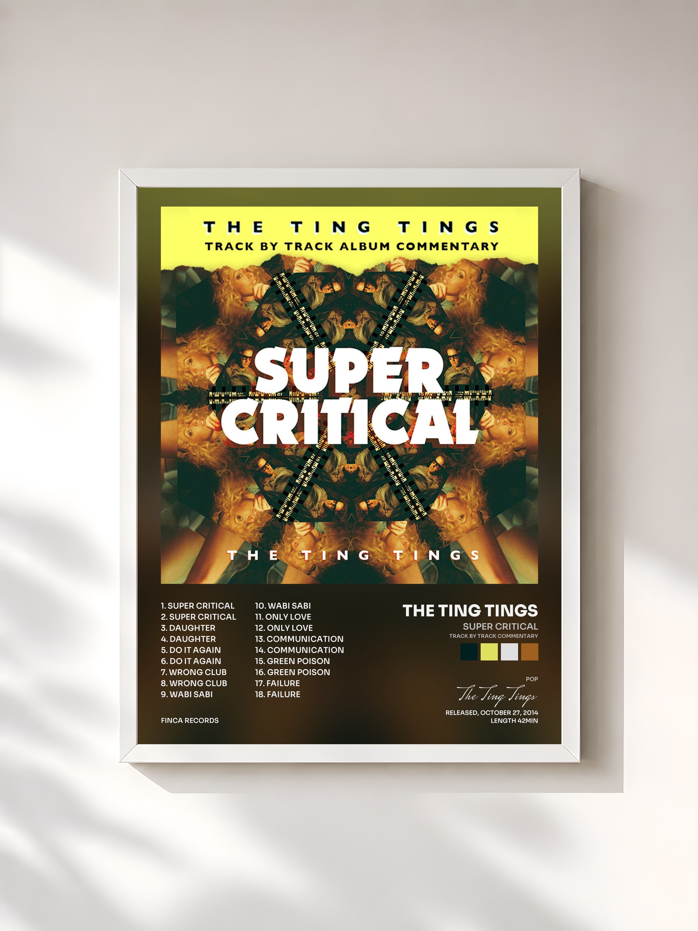 #blanc Tableau de l'album Super Critical (Track by Track Commentary) de The Ting Tings, cadre blanc, imprimé et encadré en France