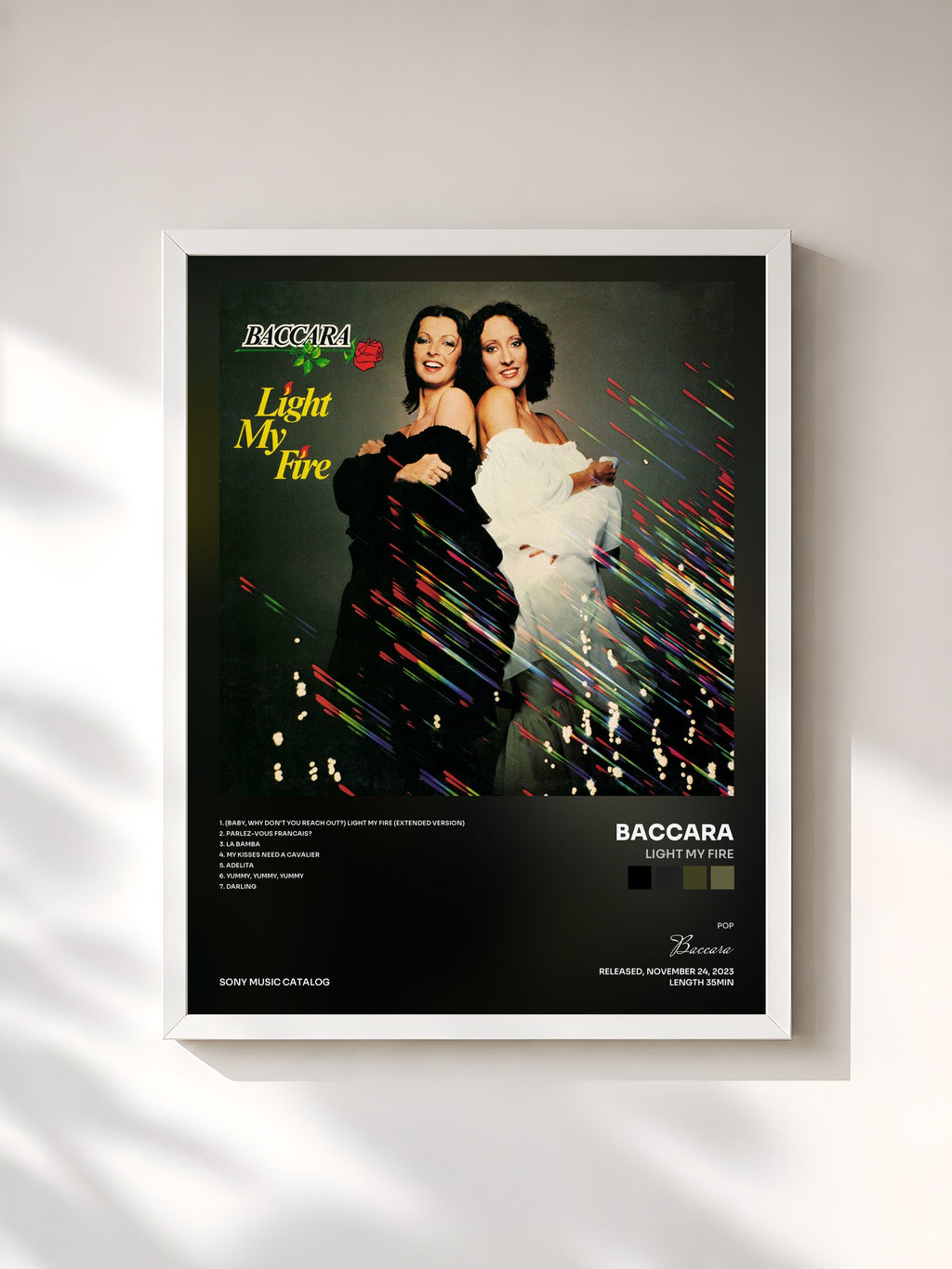 #blanc Tableau de l'album Light My Fire de Baccara, cadre blanc, imprimé et encadré en France