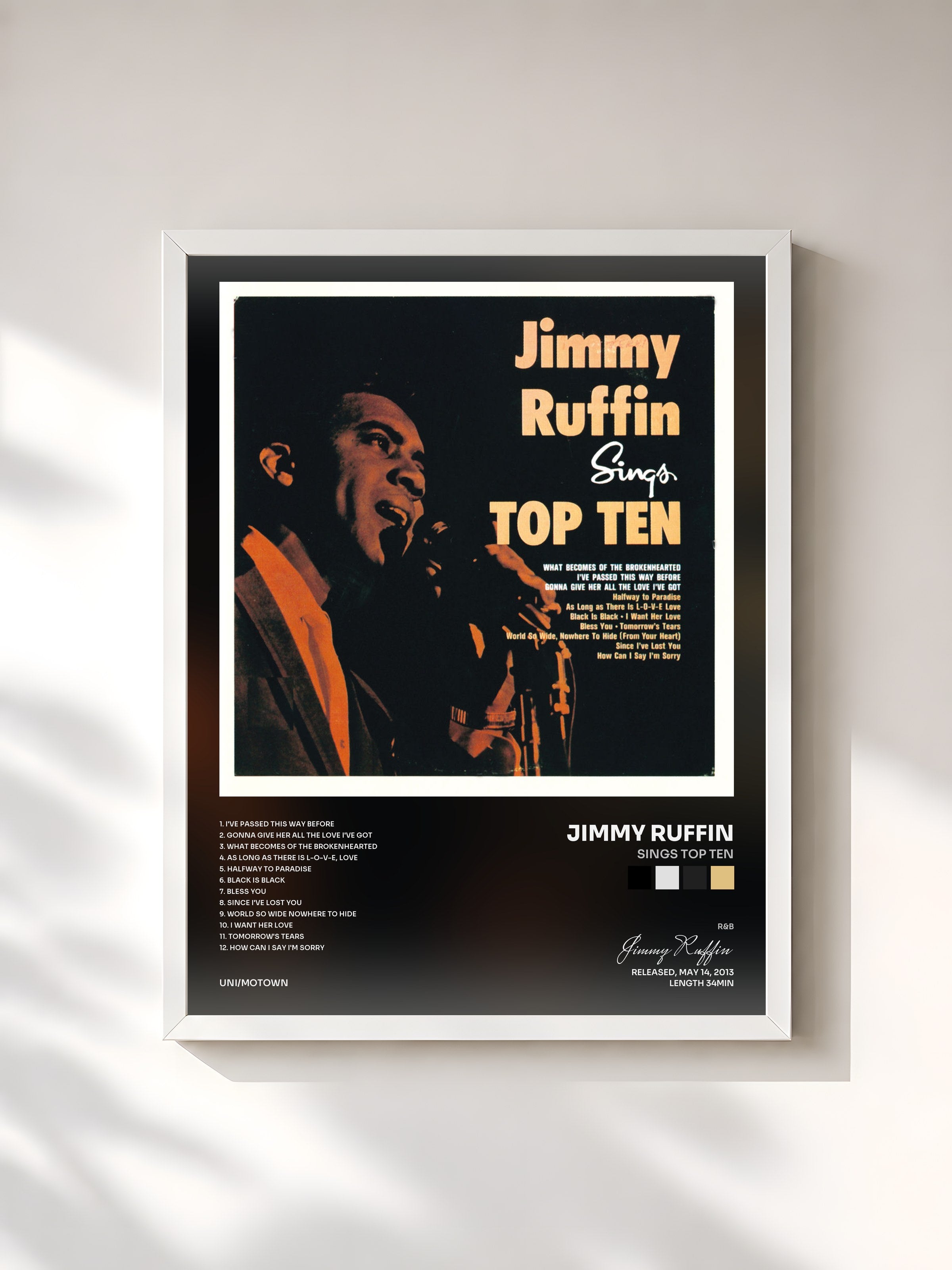 #blanc Tableau de l'album Sings Top Ten de Jimmy Ruffin, cadre blanc, imprimé et encadré en France