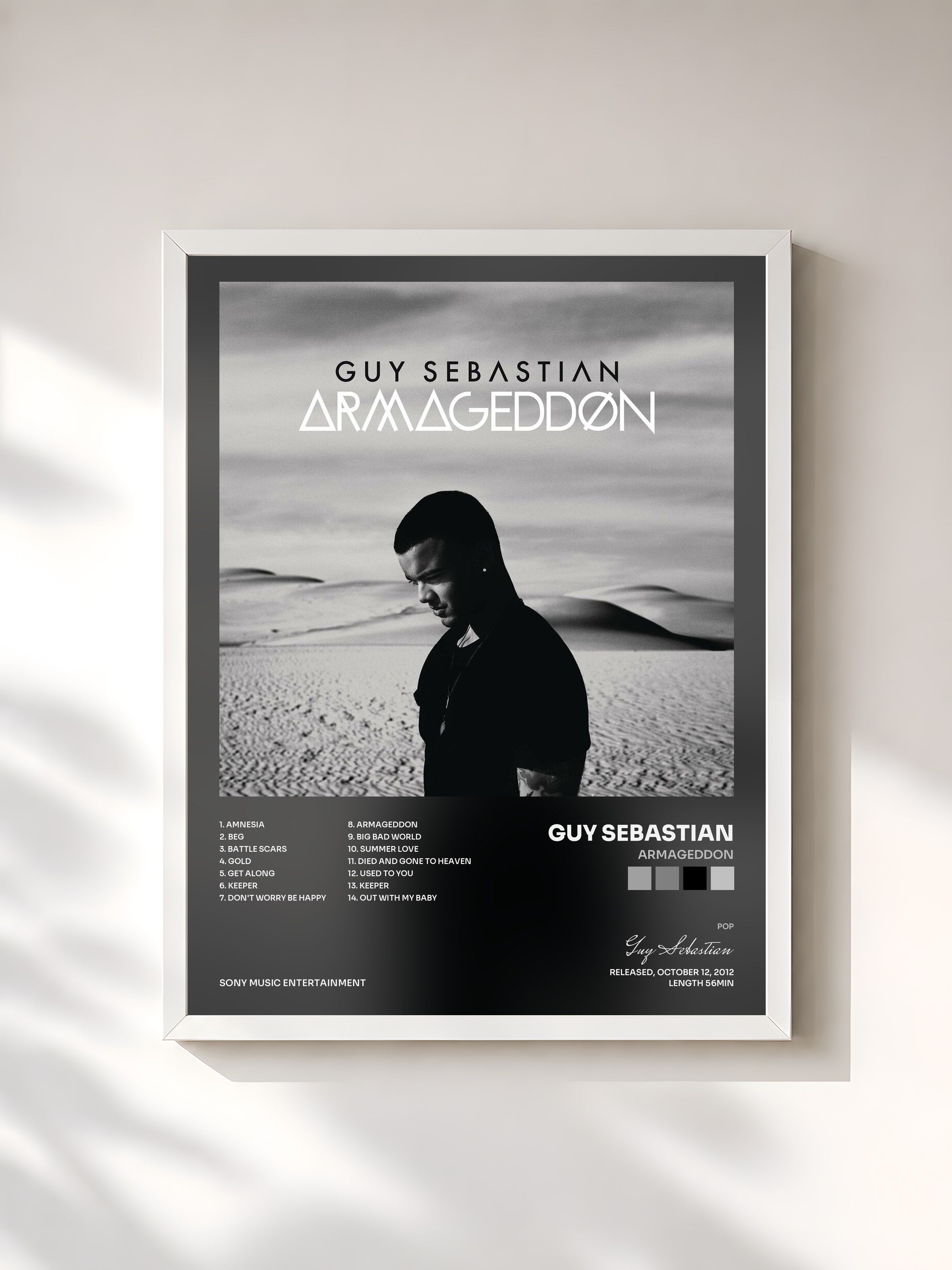 #blanc Tableau de l'album Armageddon de Guy Sebastian, cadre blanc, imprimé et encadré en France