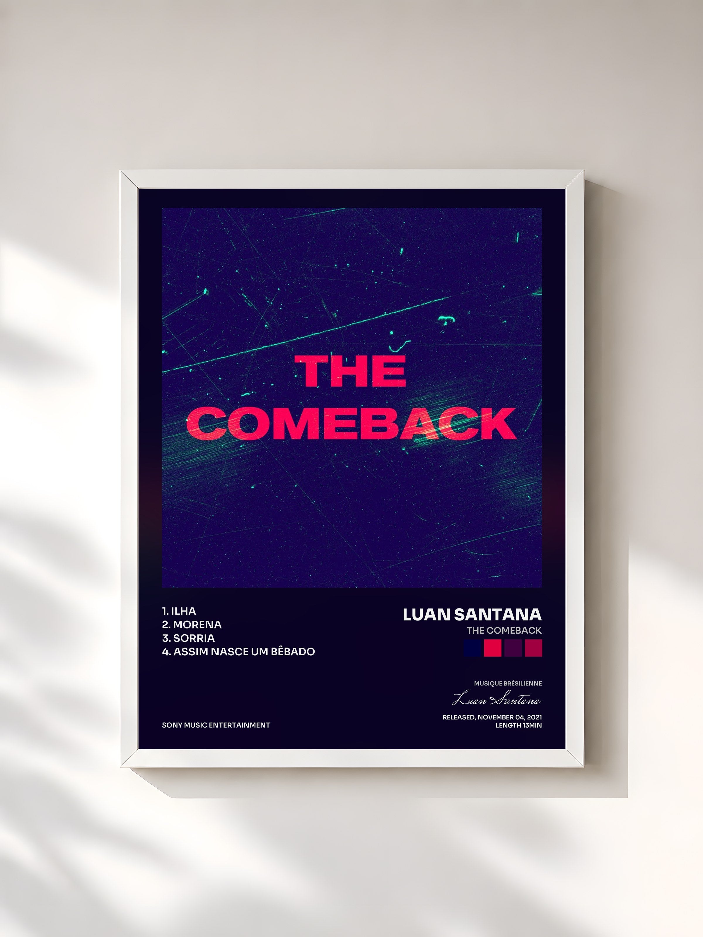 #blanc Tableau de l'album THE COMEBACK de Luan Santana, cadre blanc, imprimé et encadré en France