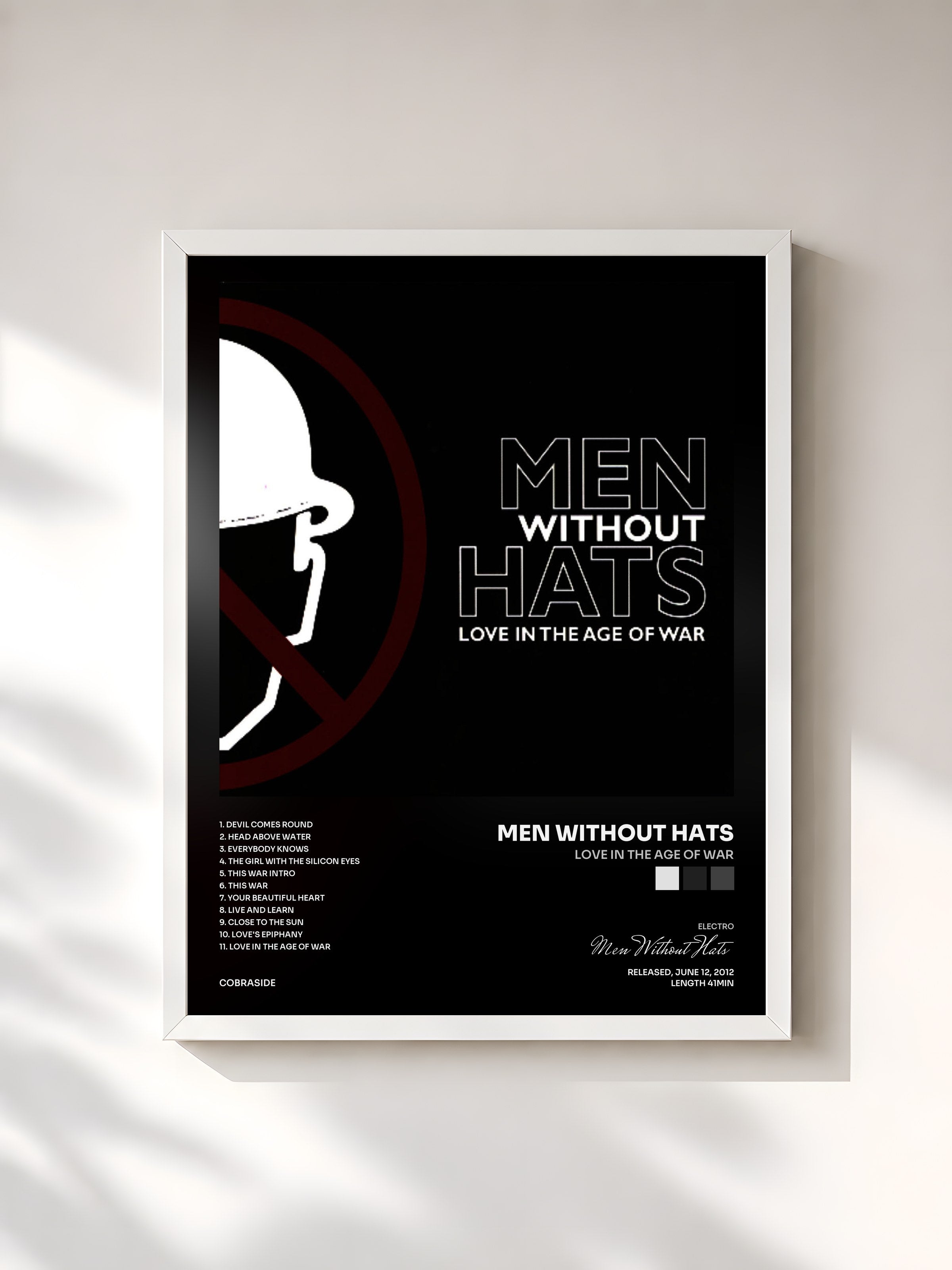 #blanc Tableau de l'album Love In The Age Of War de Men Without Hats, cadre blanc, imprimé et encadré en France