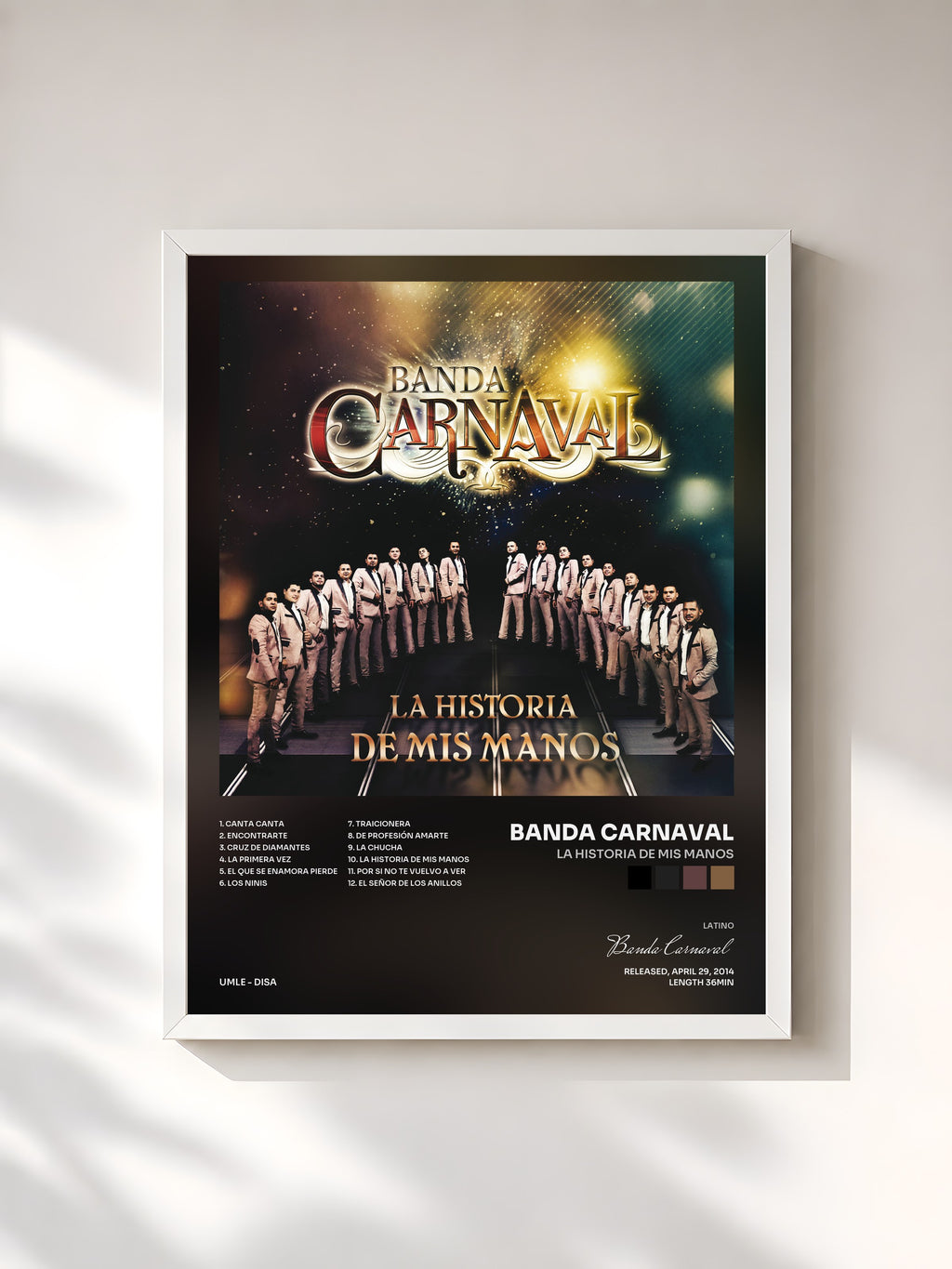#blanc Tableau de l'album La Historia De Mis Manos de Banda Carnaval, cadre blanc, imprimé et encadré en France