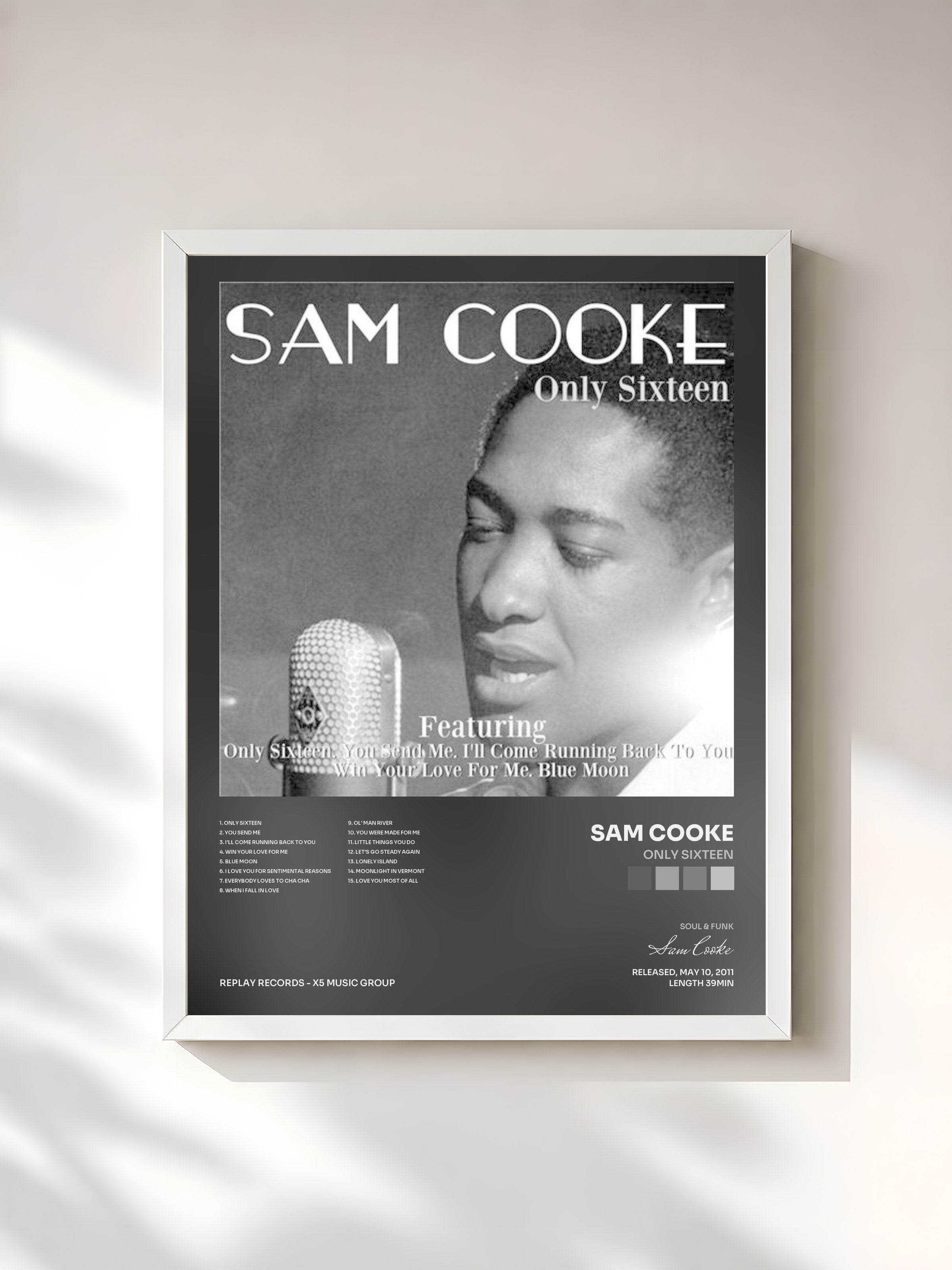 #blanc Tableau de l'album Only Sixteen de Sam Cooke, cadre blanc, imprimé et encadré en France