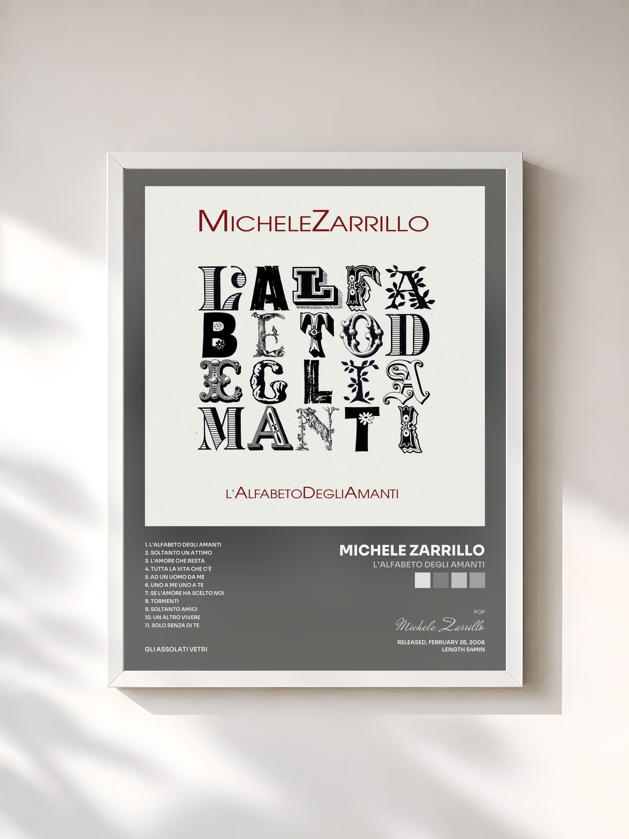 #blanc Tableau de l'album L'Alfabeto Degli Amanti de Michele Zarrillo, cadre blanc, imprimé et encadré en France