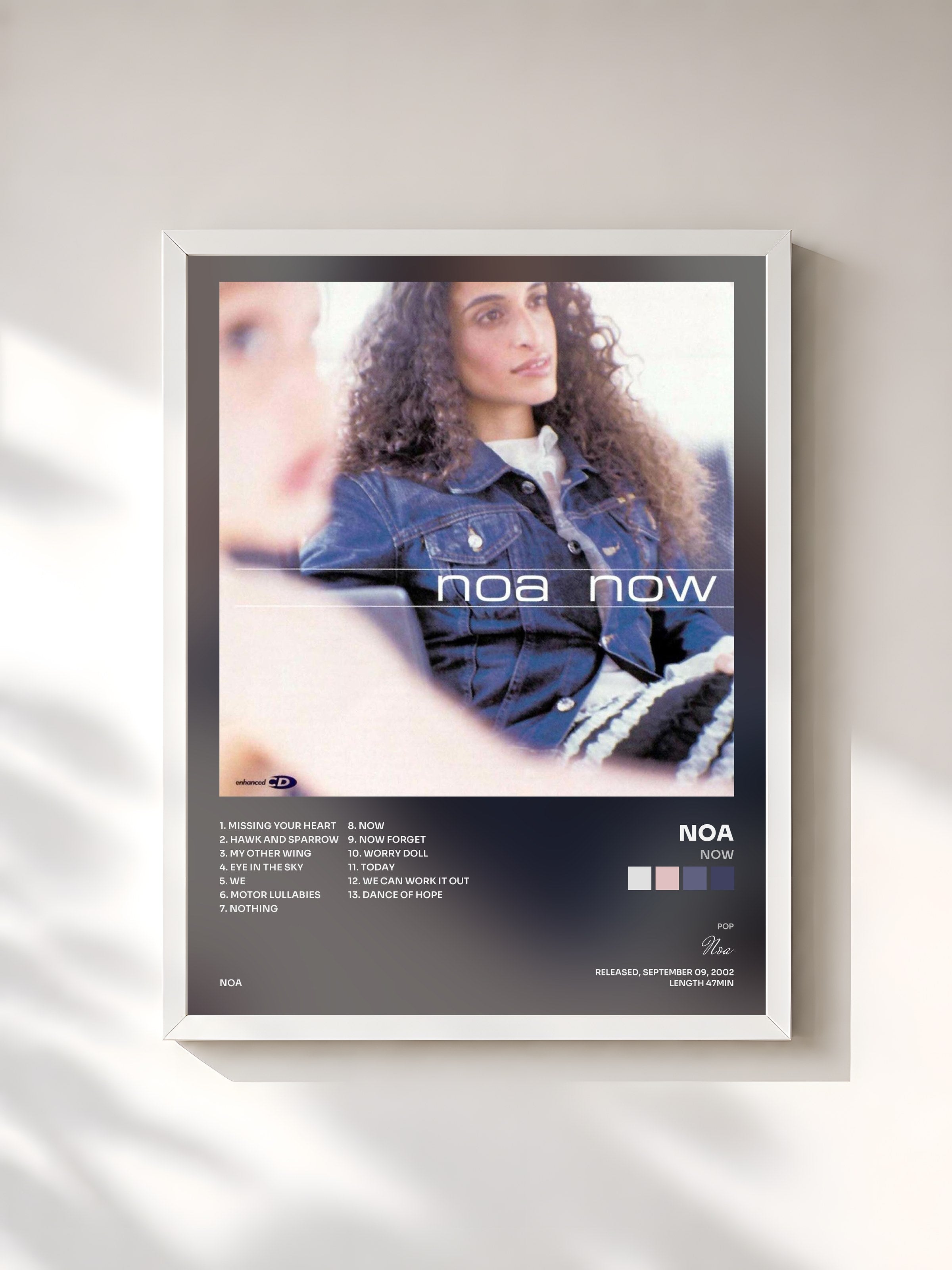#blanc Tableau de l'album Now de Noa, cadre blanc, imprimé et encadré en France