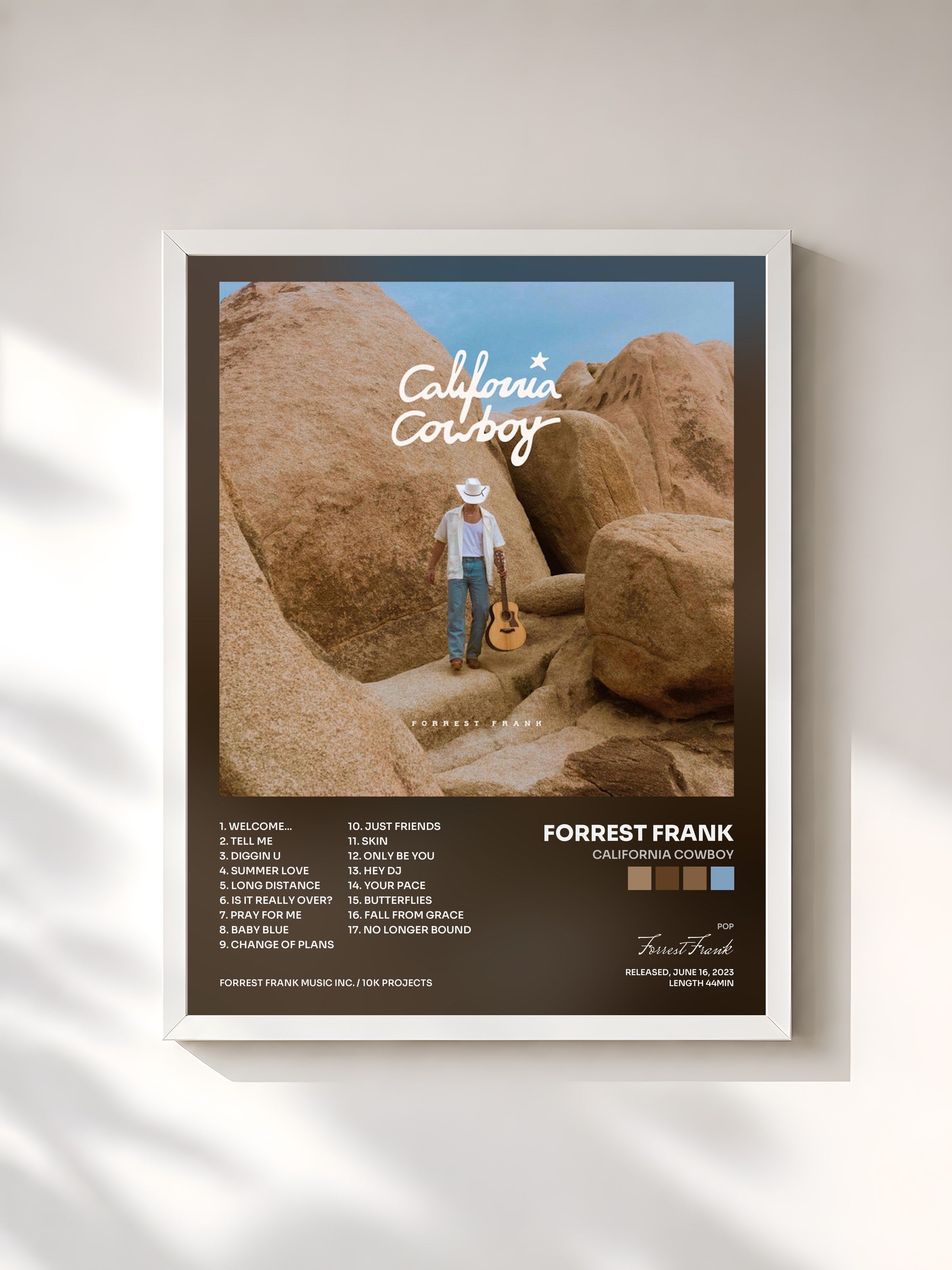 #blanc Tableau de l'album California Cowboy de Forrest Frank, cadre blanc, imprimé et encadré en France