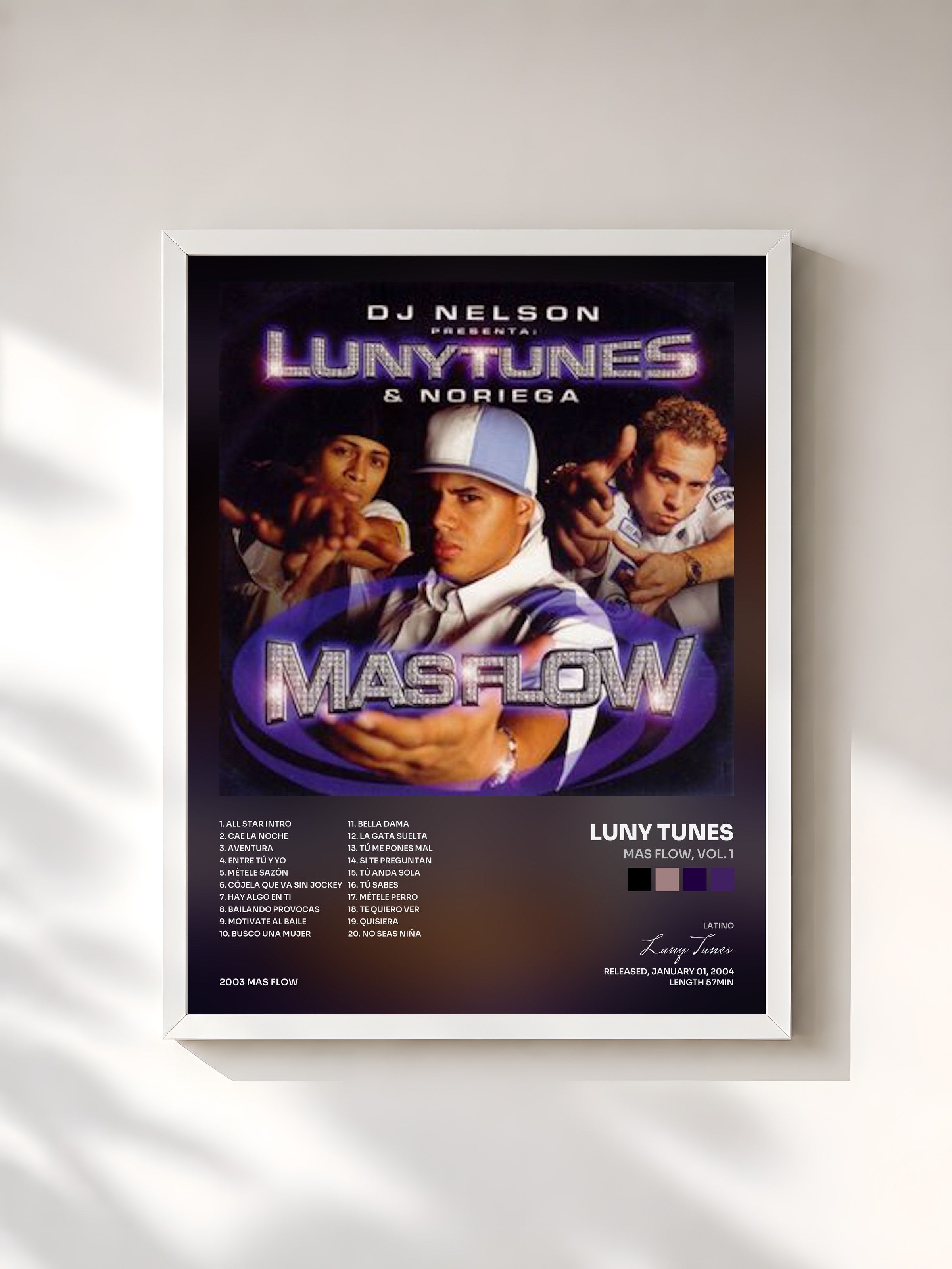 #blanc Tableau de l'album Mas Flow, Vol. 1 de Luny Tunes, cadre blanc, imprimé et encadré en France