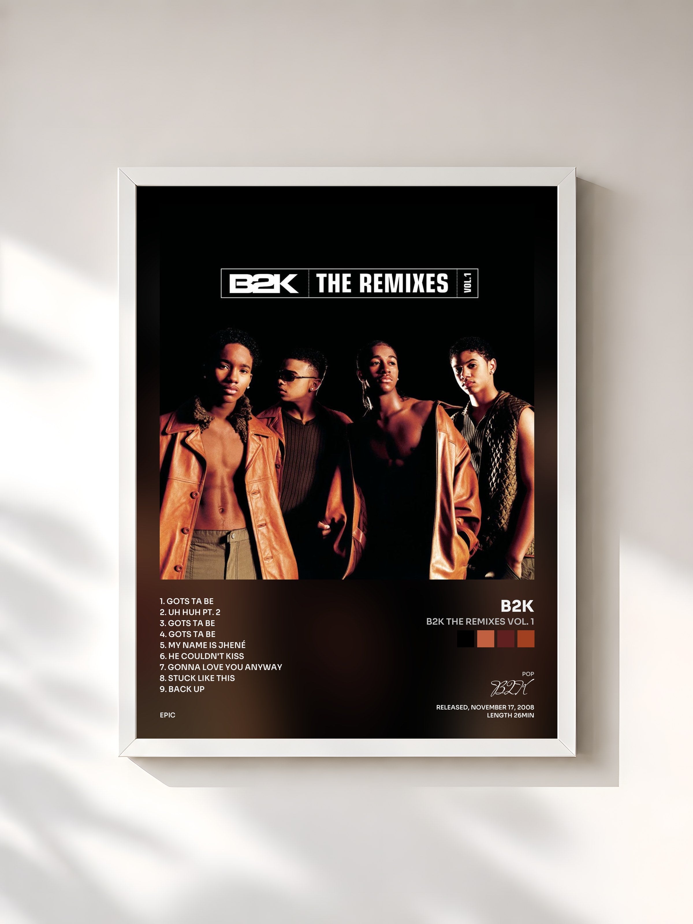 #blanc Tableau de l'album B2K The Remixes Vol. 1 de B2K, cadre blanc, imprimé et encadré en France