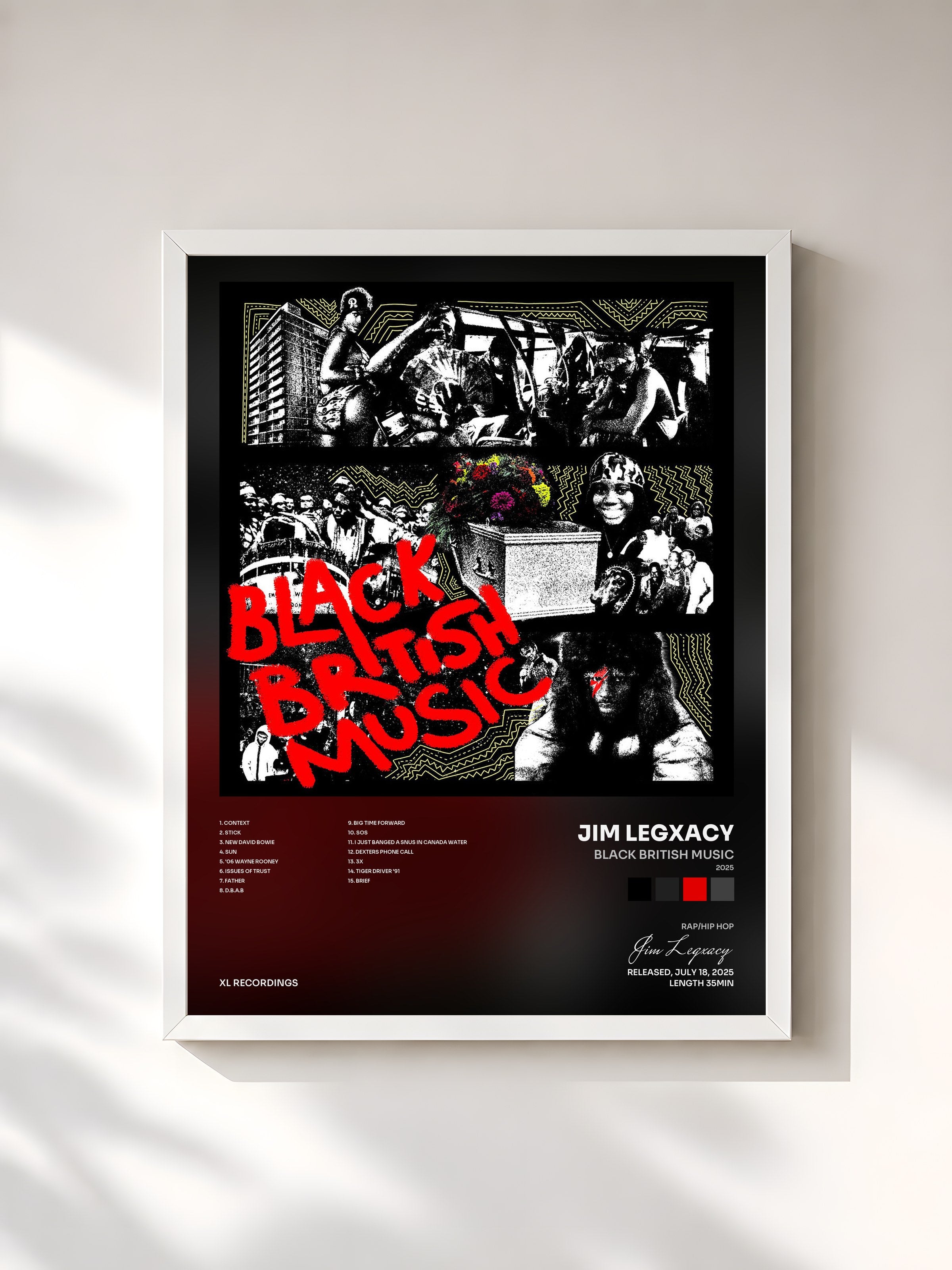 #blanc Tableau de l'album black british music (2025) de Jim Legxacy, cadre blanc, imprimé et encadré en France