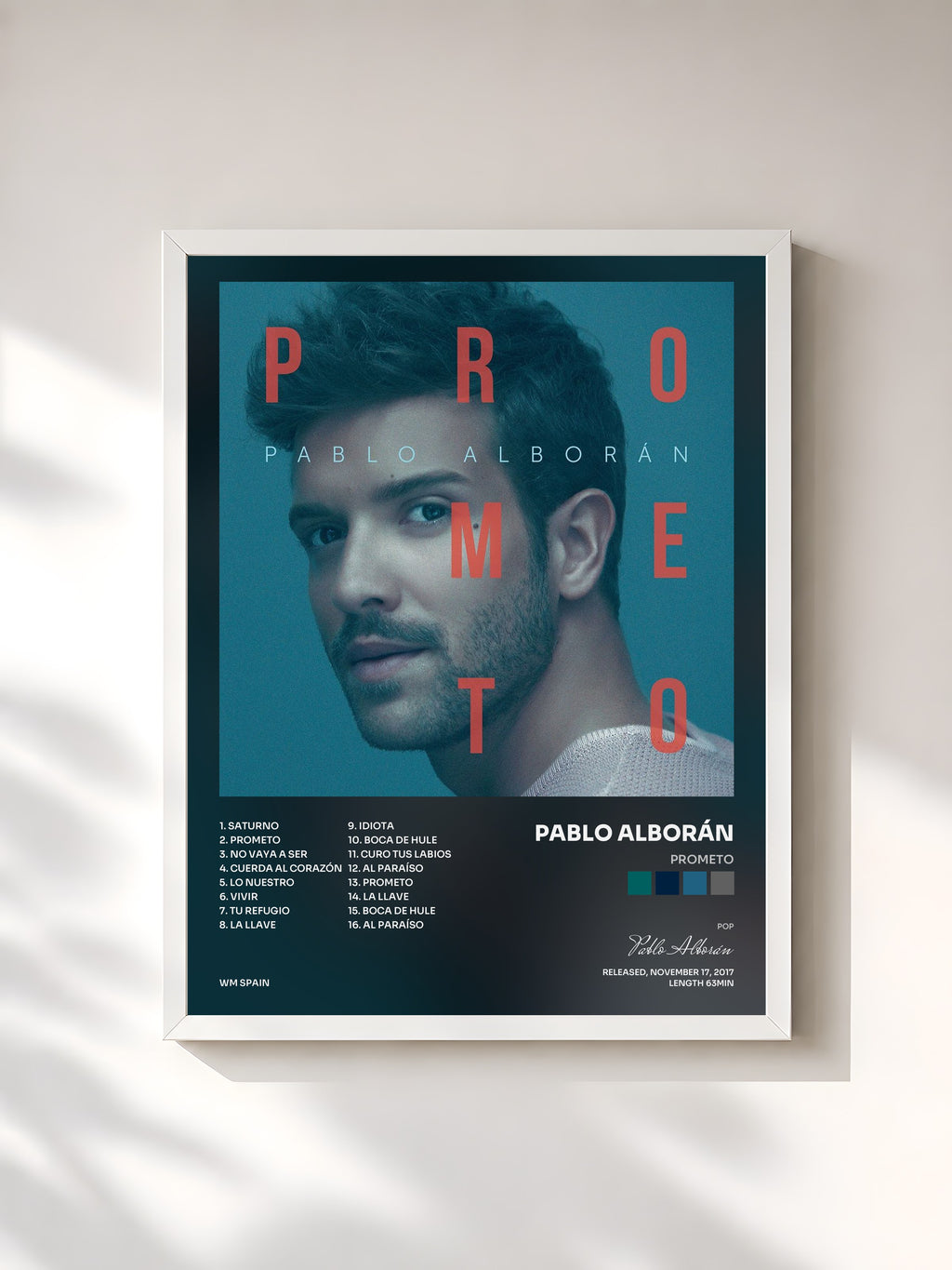#blanc Tableau de l'album Prometo de Pablo Alborán, cadre blanc, imprimé et encadré en France
