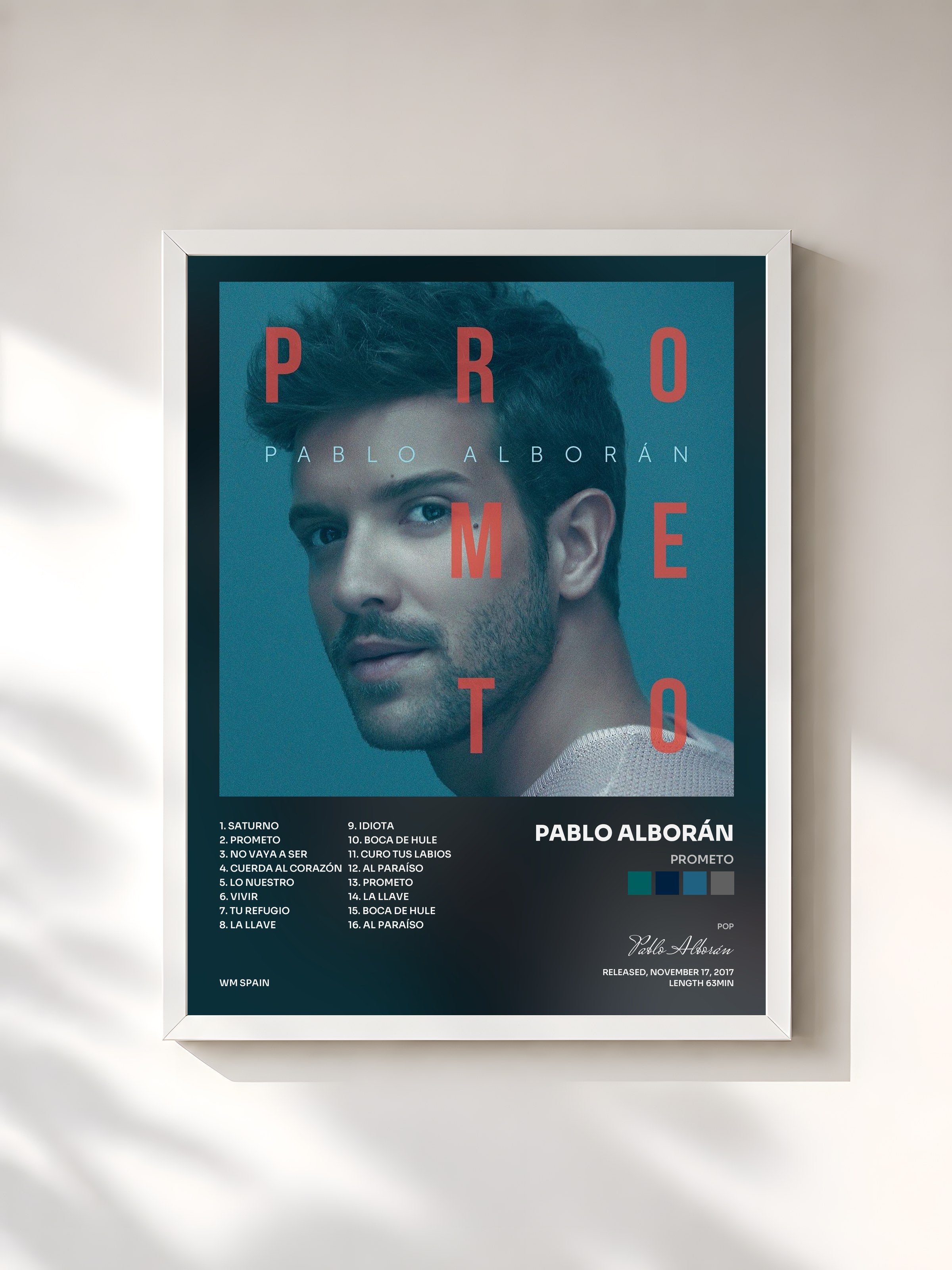 #blanc Tableau de l'album Prometo de Pablo Alborán, cadre blanc, imprimé et encadré en France