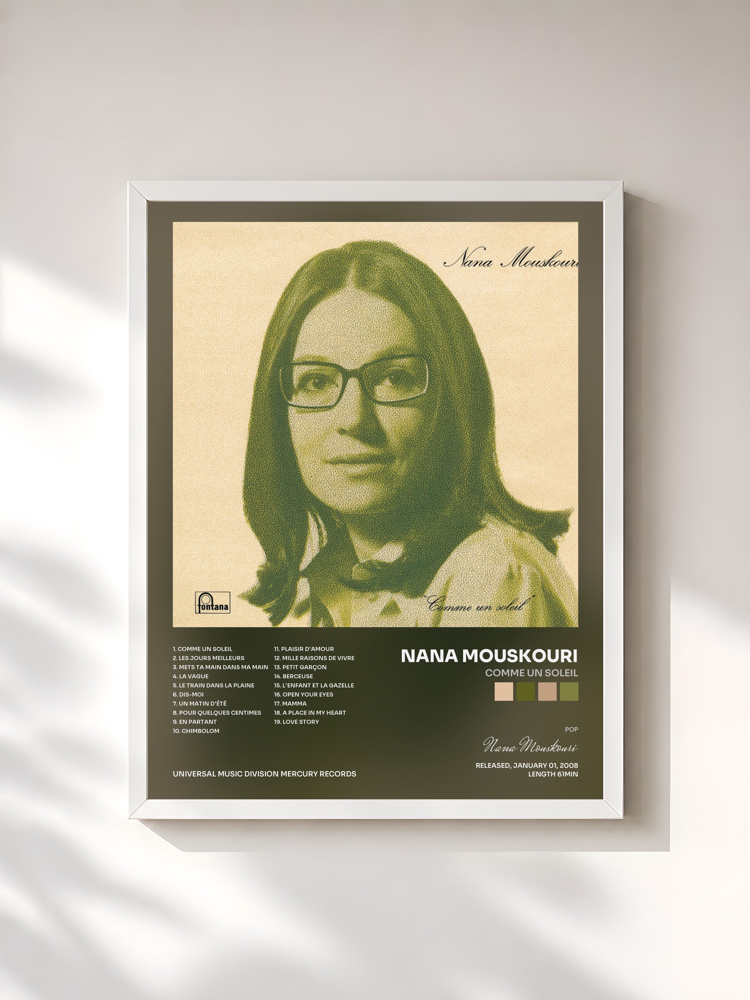 #blanc Tableau de l'album Comme Un Soleil de Nana Mouskouri, cadre blanc, imprimé et encadré en France