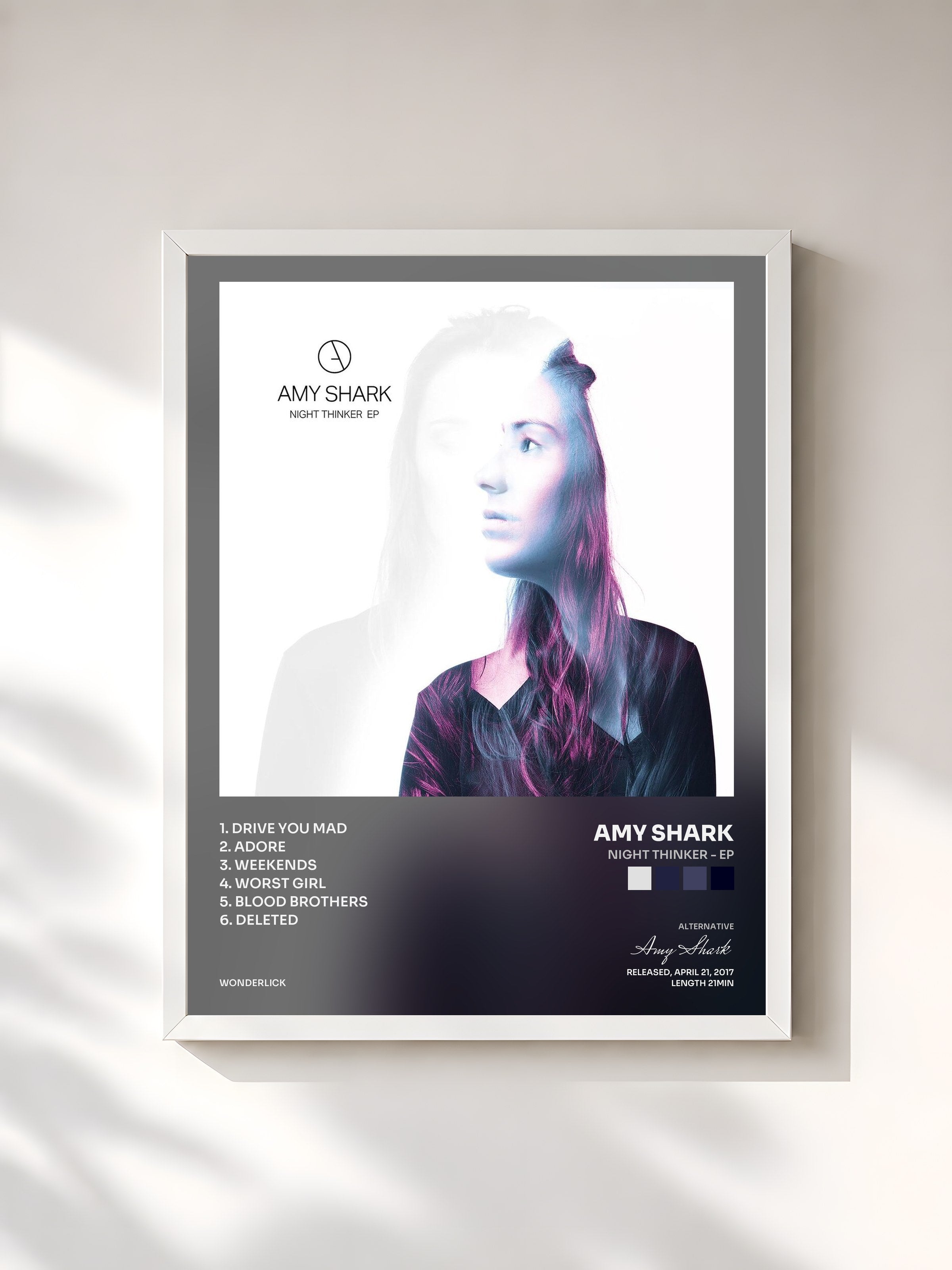#blanc Tableau de l'album Night Thinker - EP de Amy Shark, cadre blanc, imprimé et encadré en France