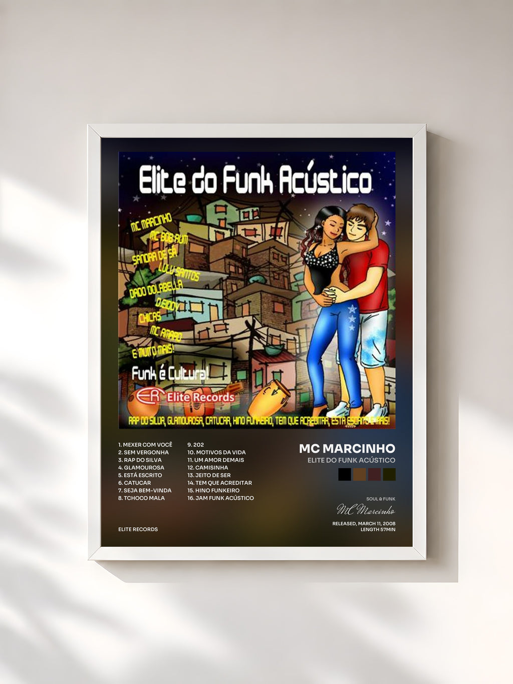 #blanc Tableau de l'album Elite do Funk Acústico de MC Marcinho, cadre blanc, imprimé et encadré en France