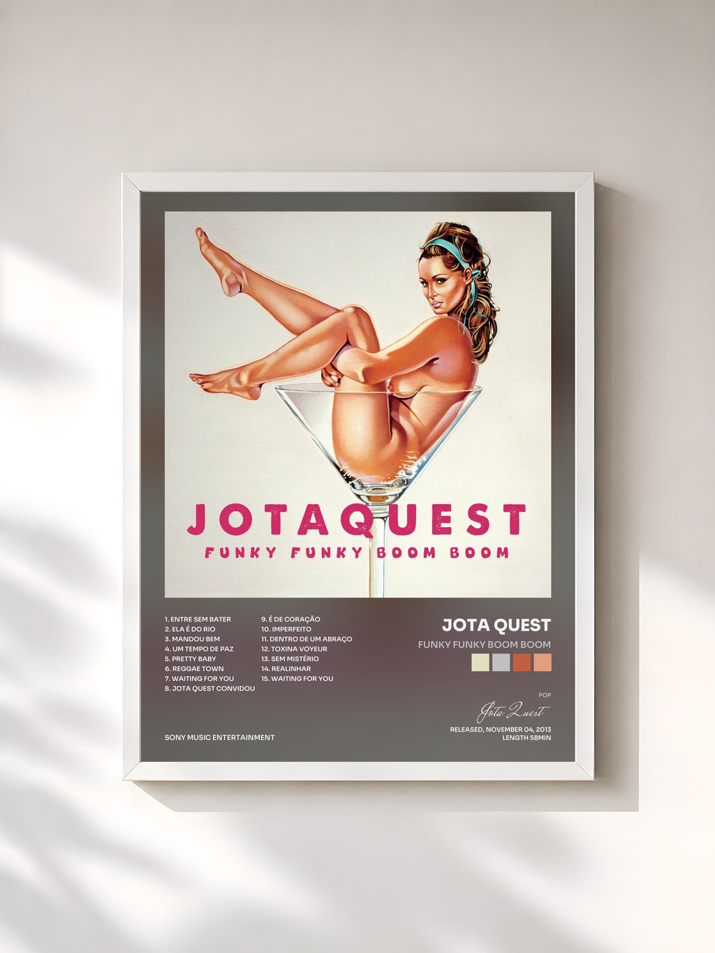 #blanc Tableau de l'album Funky Funky Boom Boom de Jota Quest, cadre blanc, imprimé et encadré en France