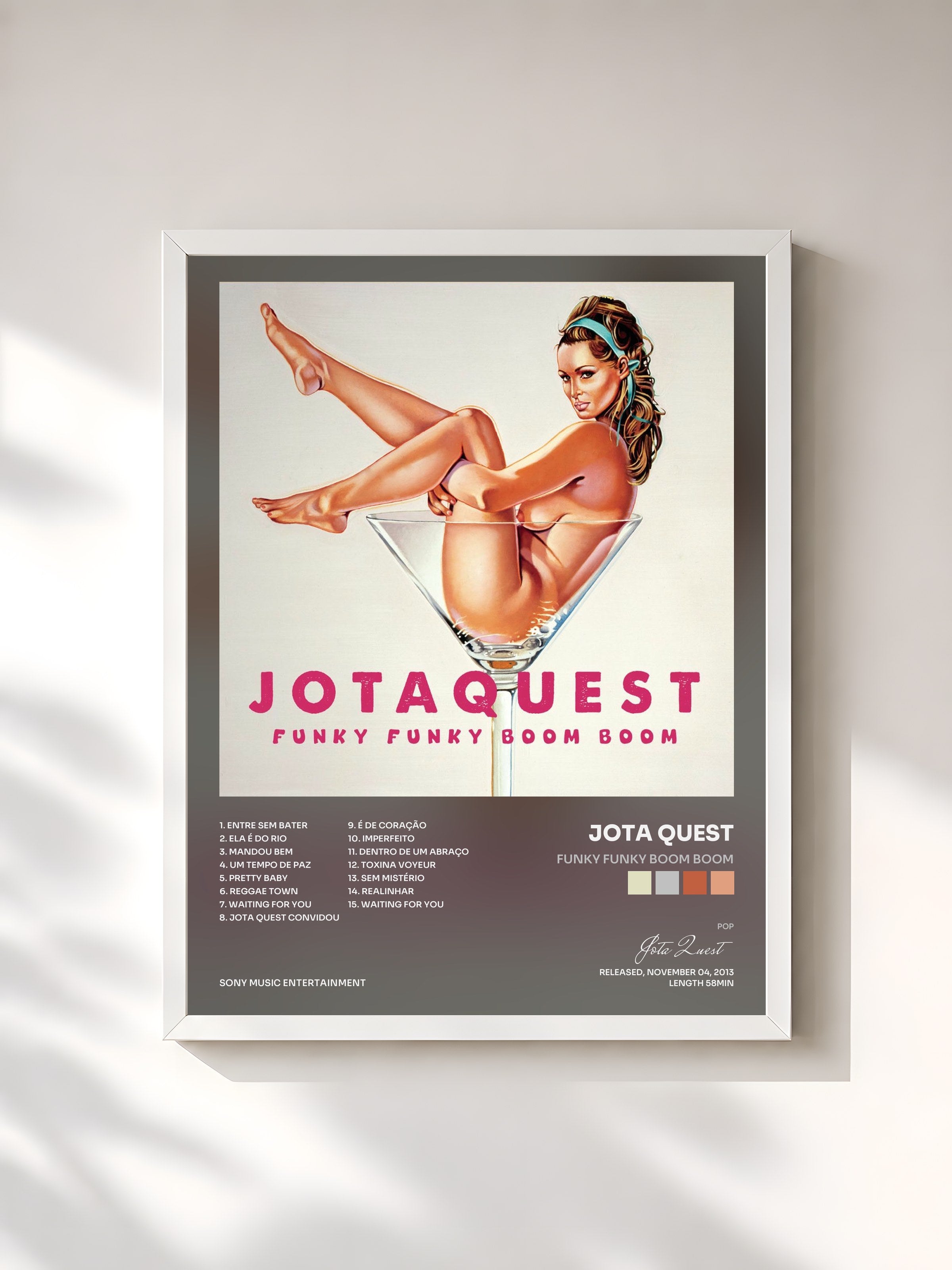 #blanc Tableau de l'album Funky Funky Boom Boom de Jota Quest, cadre blanc, imprimé et encadré en France