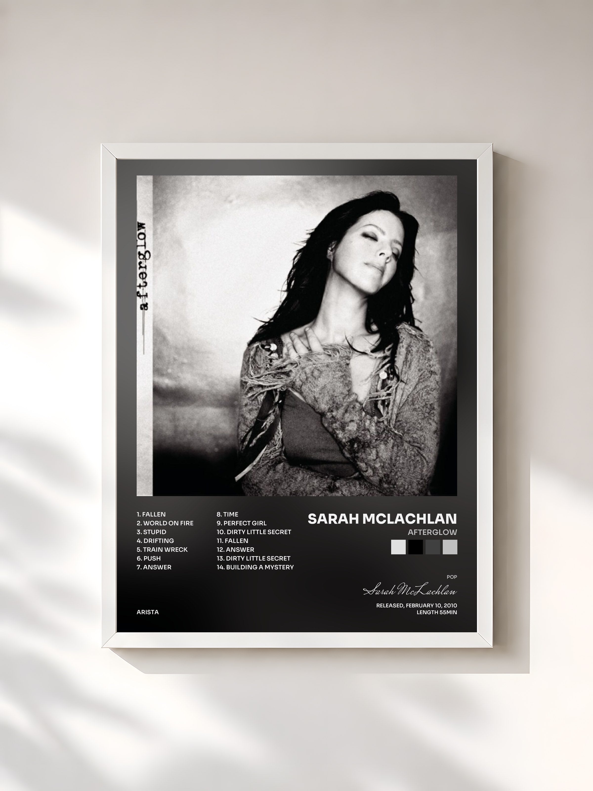 #blanc Tableau de l'album Afterglow de Sarah McLachlan, cadre blanc, imprimé et encadré en France