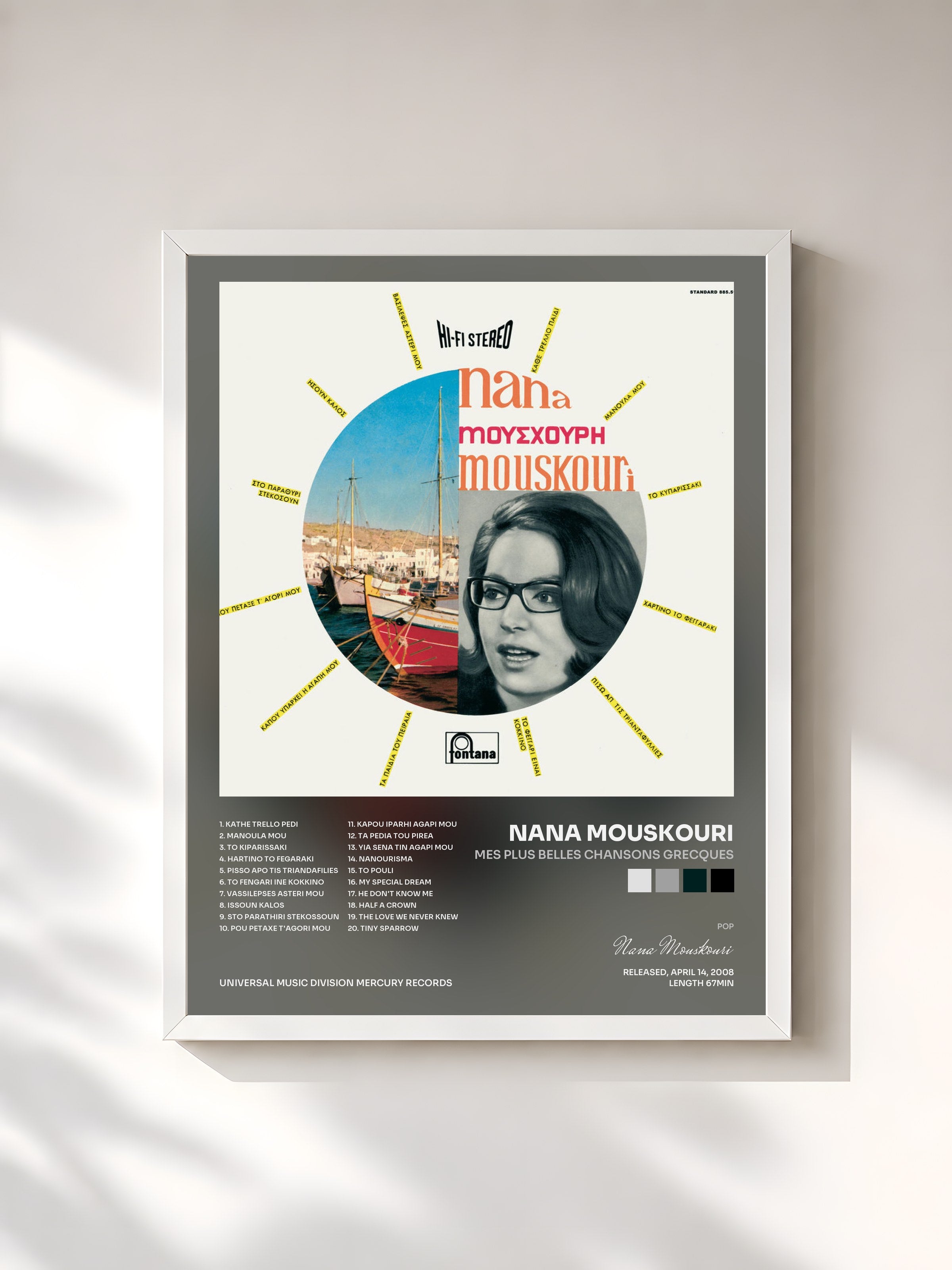 #blanc Tableau de l'album Mes Plus Belles Chansons Grecques de Nana Mouskouri, cadre blanc, imprimé et encadré en France