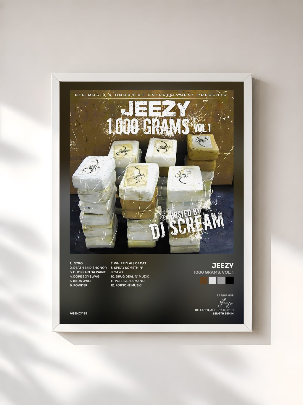 #blanc Tableau de l'album 1000 Grams, Vol. 1 de Jeezy, cadre blanc, imprimé et encadré en France
