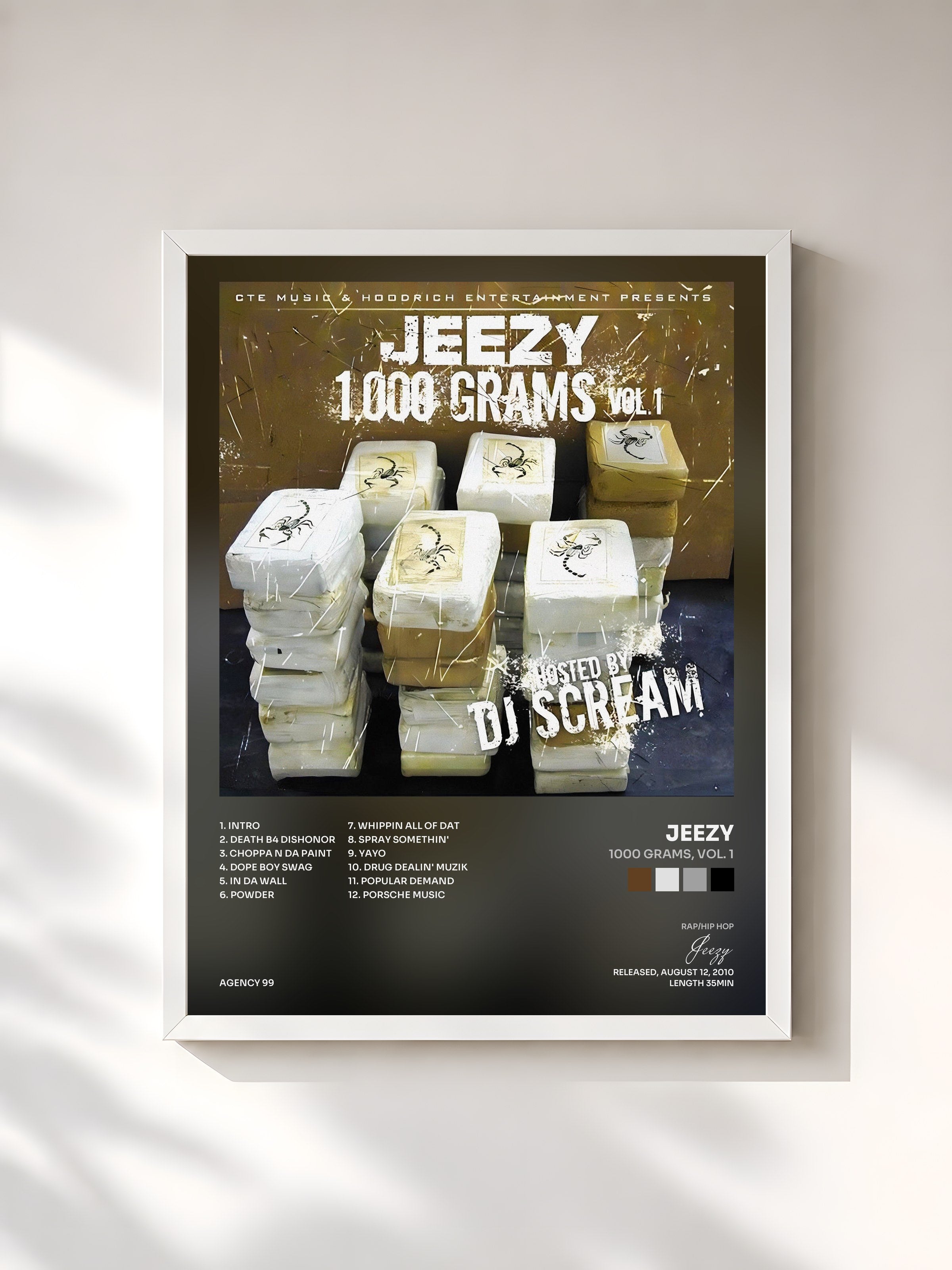 #blanc Tableau de l'album 1000 Grams, Vol. 1 de Jeezy, cadre blanc, imprimé et encadré en France