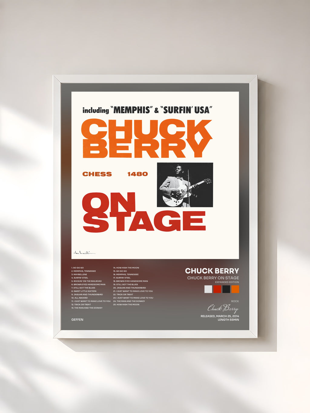 #blanc Tableau de l'album Chuck Berry On Stage (Expanded Edition) de Chuck Berry, cadre blanc, imprimé et encadré en France