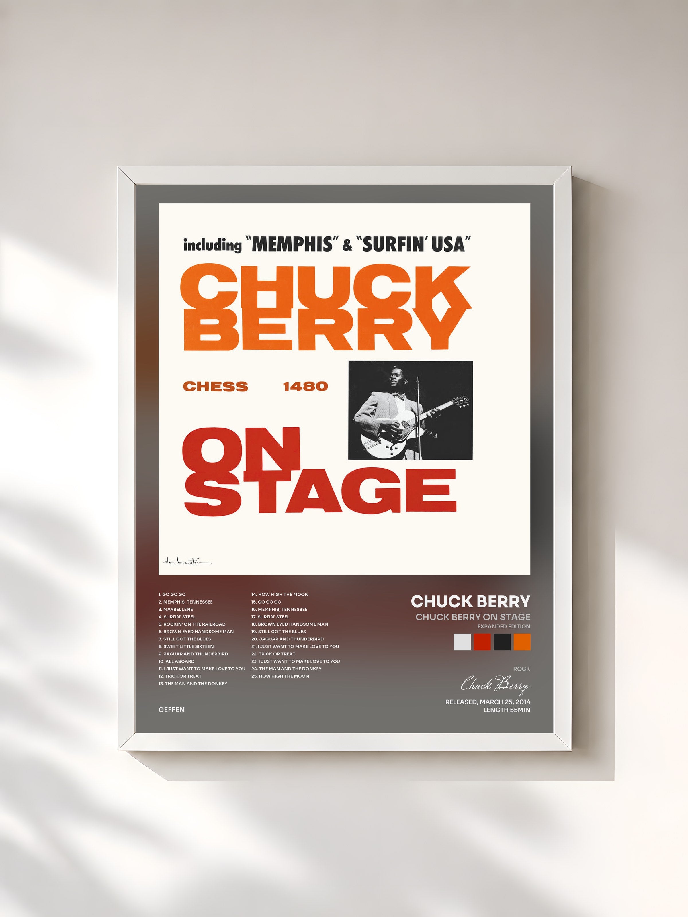 #blanc Tableau de l'album Chuck Berry On Stage (Expanded Edition) de Chuck Berry, cadre blanc, imprimé et encadré en France
