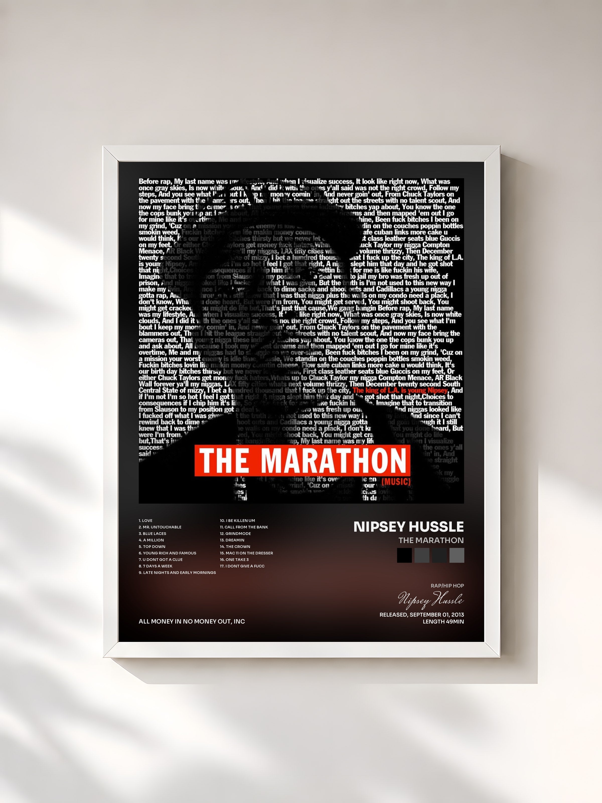 #blanc Tableau de l'album The Marathon de Nipsey Hussle, cadre blanc, imprimé et encadré en France