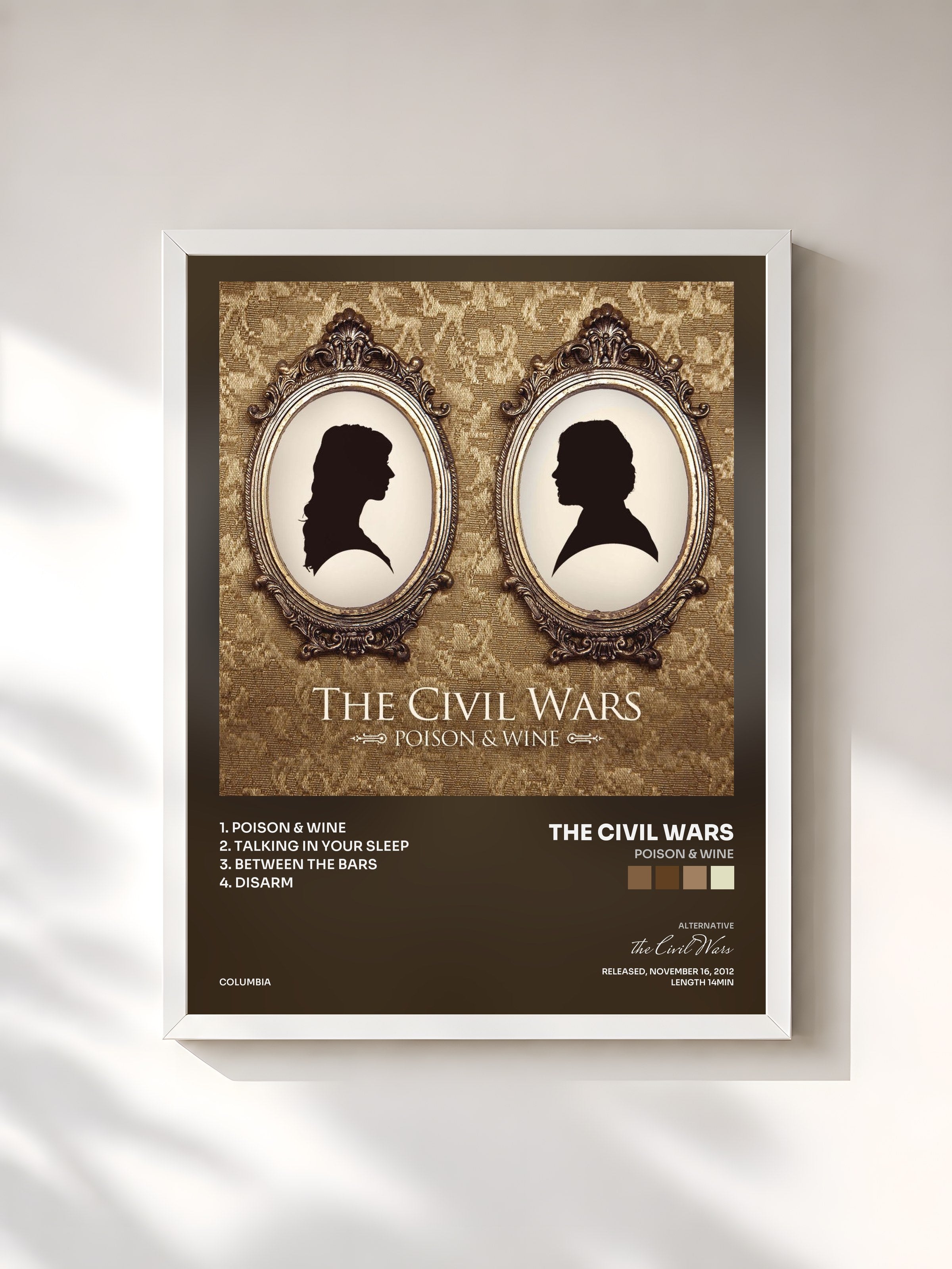 #blanc Tableau de l'album Poison & Wine de the Civil Wars, cadre blanc, imprimé et encadré en France