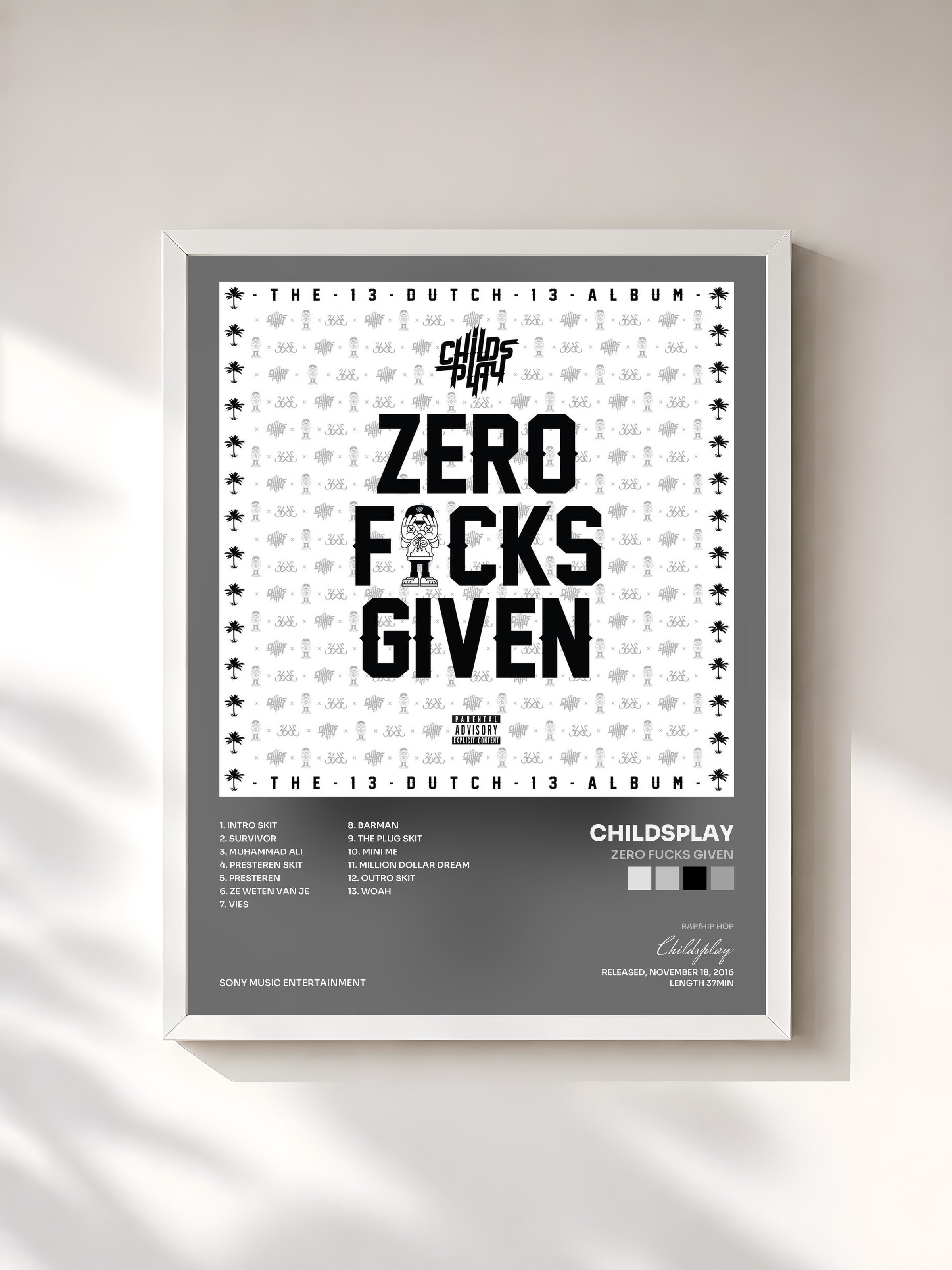 #blanc Tableau de l'album Zero Fucks Given de Childsplay, cadre blanc, imprimé et encadré en France