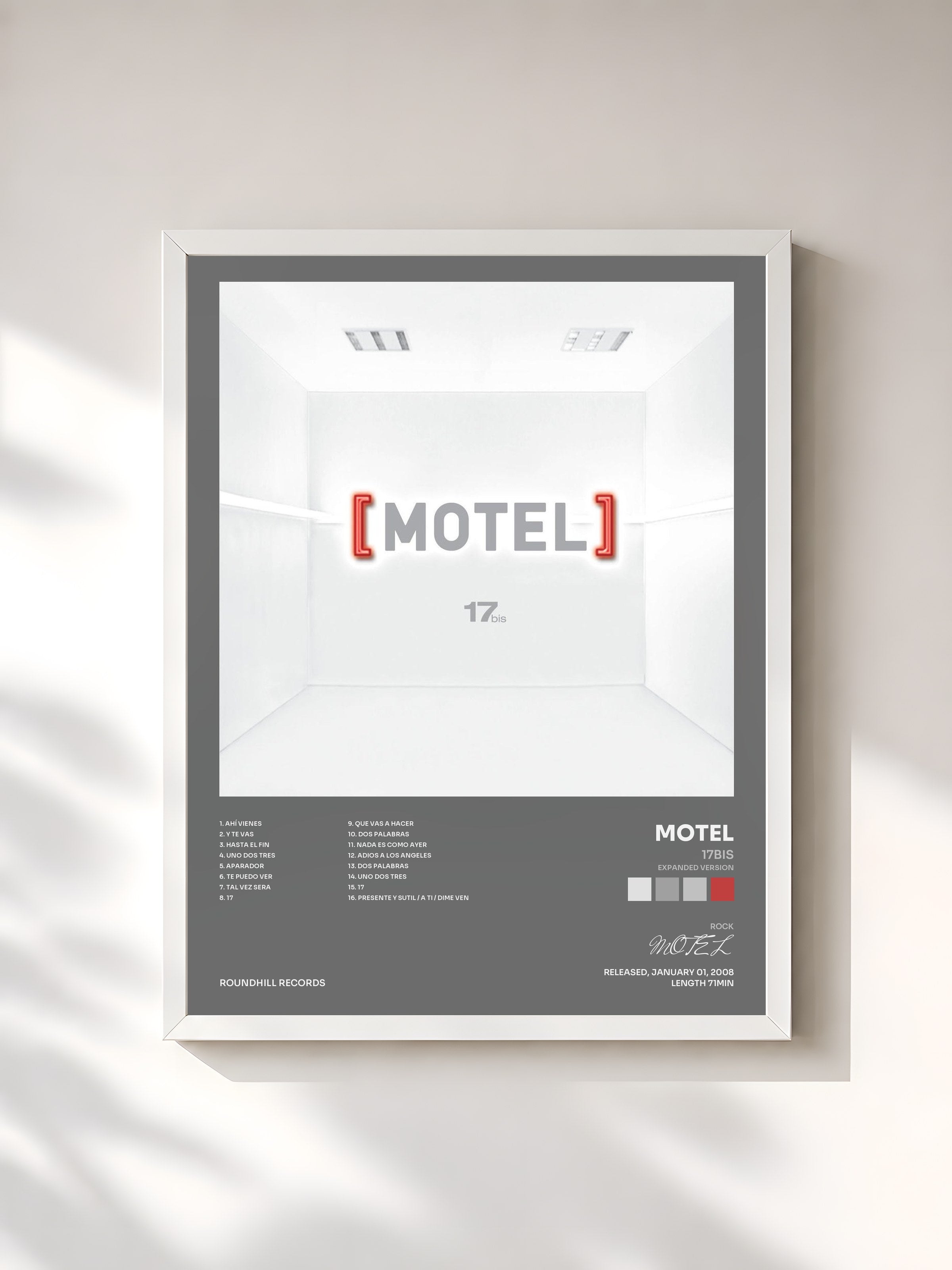 #blanc Tableau de l'album 17bis (Expanded Version) de MOTEL, cadre blanc, imprimé et encadré en France