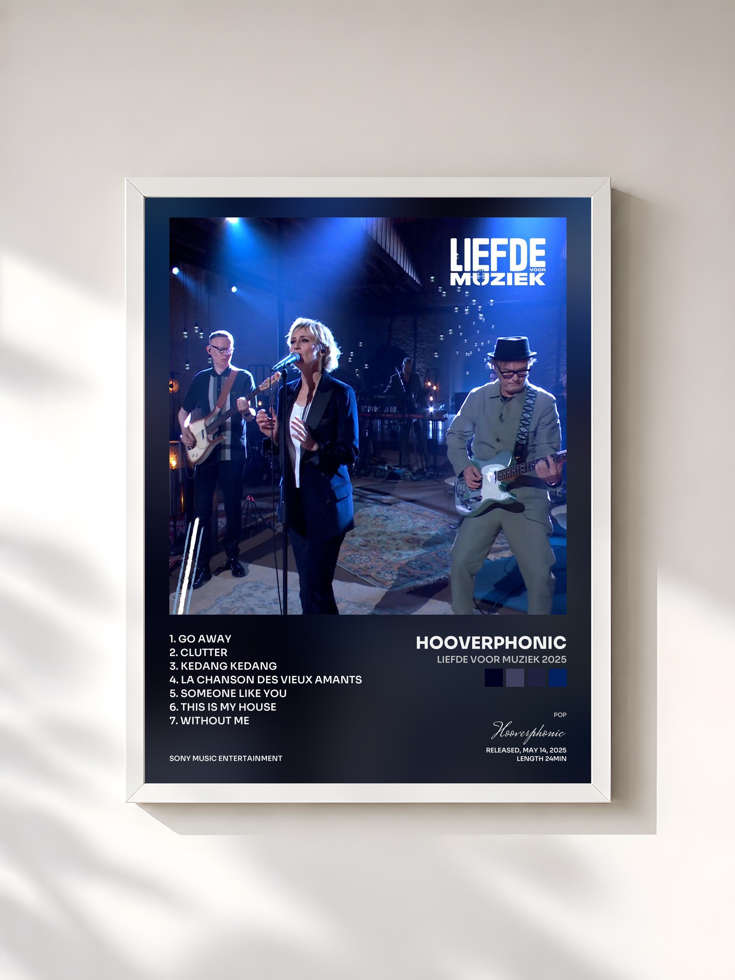 #blanc Tableau de l'album Liefde Voor Muziek 2025 de Hooverphonic, cadre blanc, imprimé et encadré en France