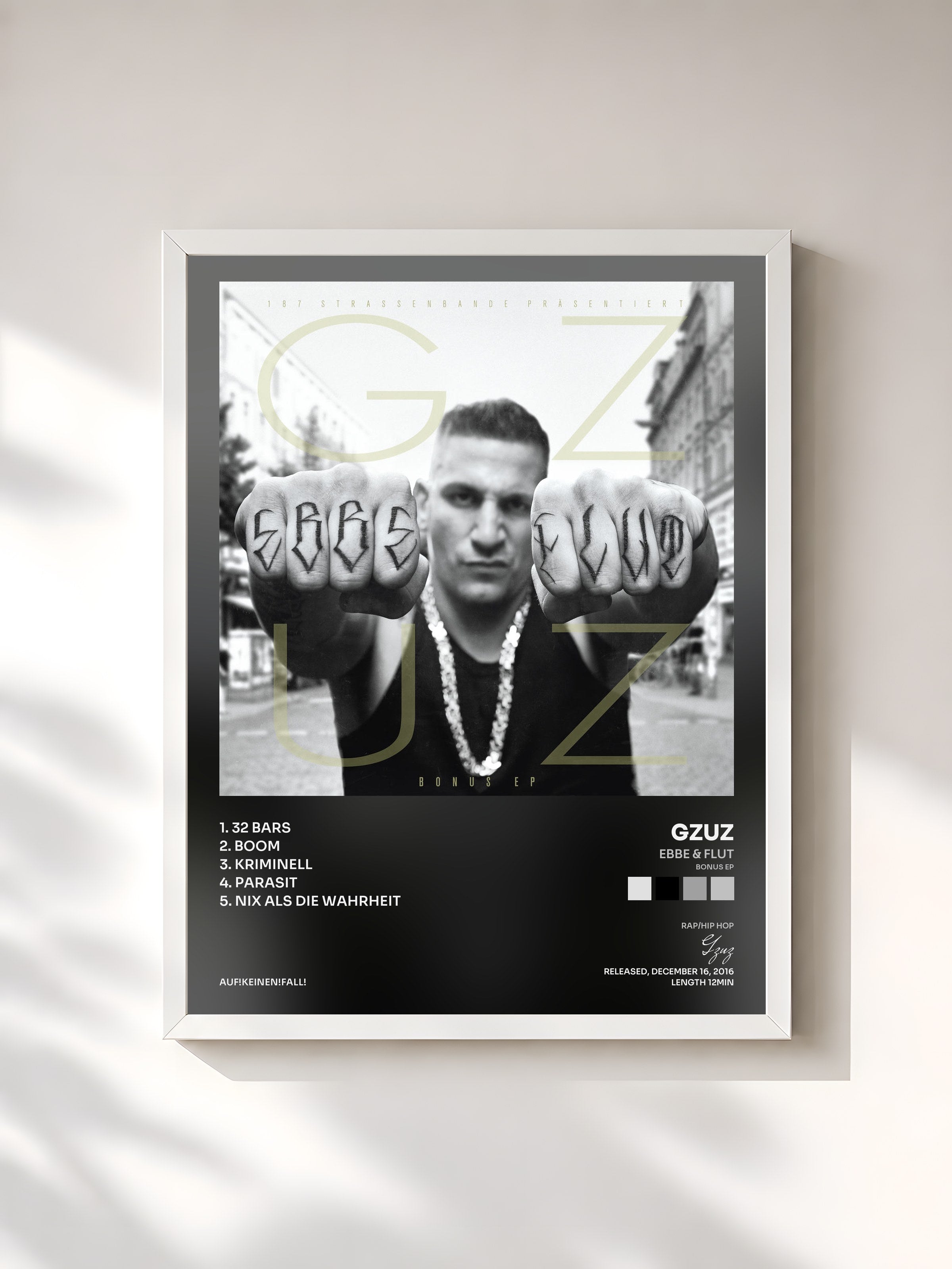 #blanc Tableau de l'album Ebbe & Flut (Bonus EP) de Gzuz, cadre blanc, imprimé et encadré en France