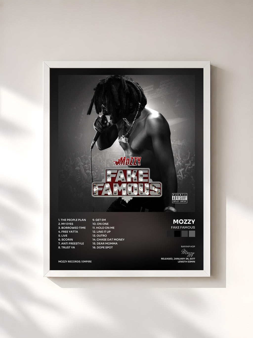 #blanc Tableau de l'album Fake Famous de Mozzy, cadre blanc, imprimé et encadré en France
