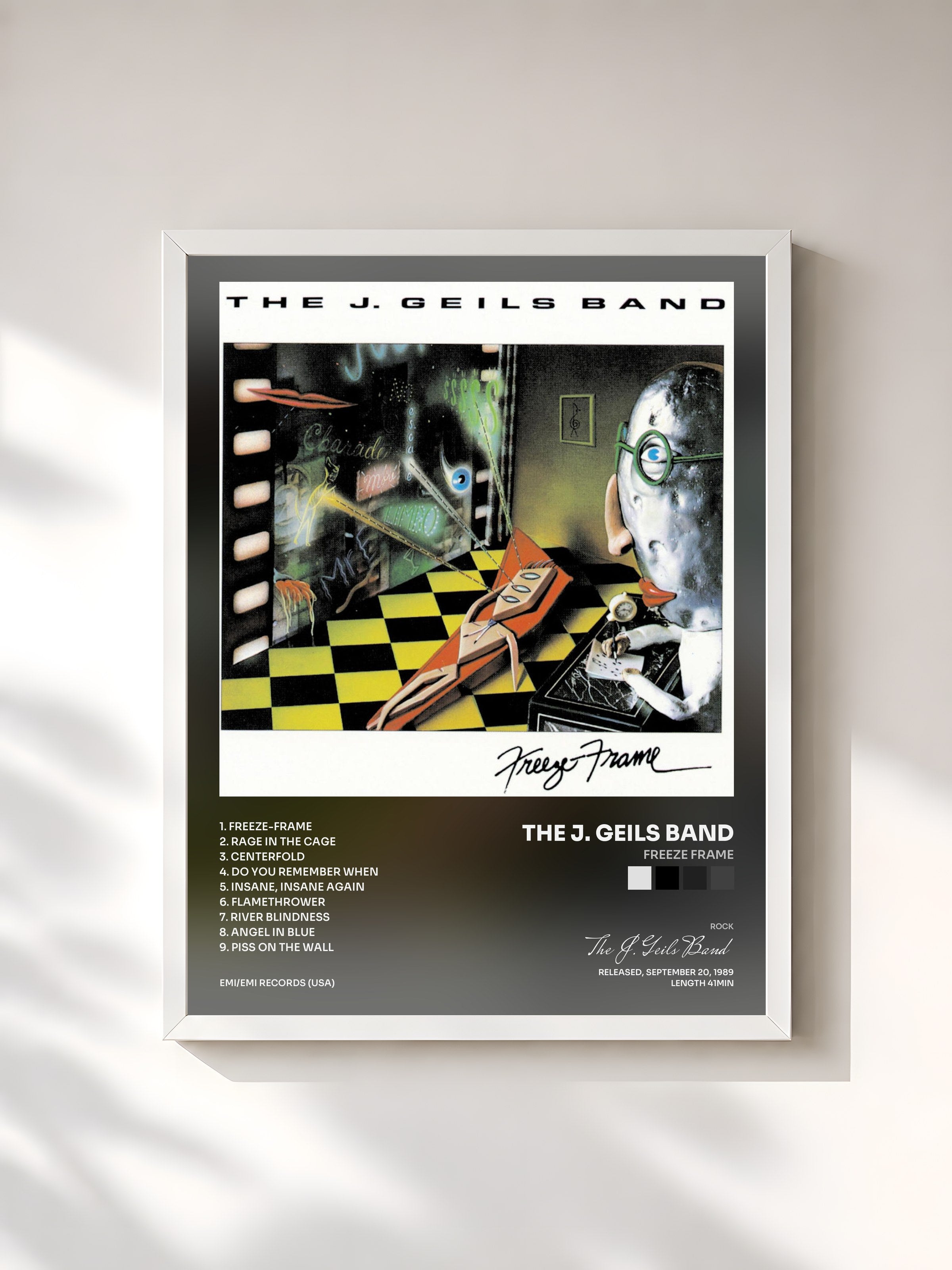 #blanc Tableau de l'album Freeze Frame de The J. Geils Band, cadre blanc, imprimé et encadré en France
