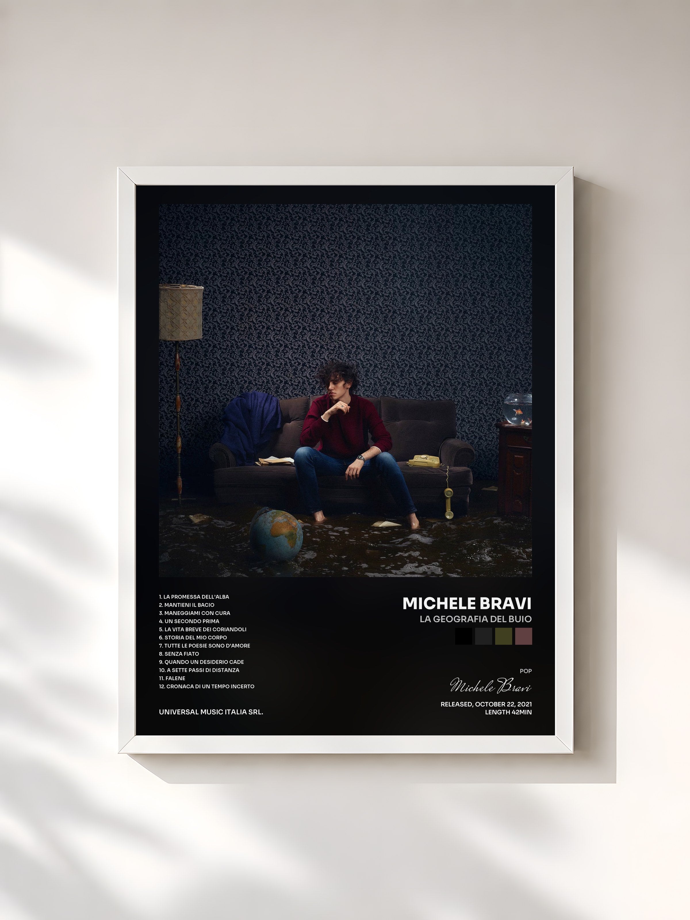 #blanc Tableau de l'album La Geografia Del Buio de Michele Bravi, cadre blanc, imprimé et encadré en France