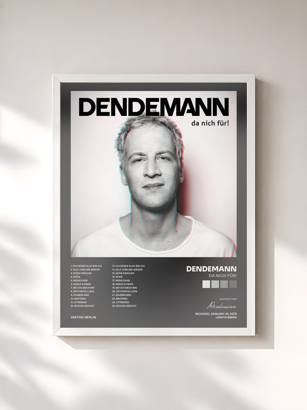#blanc Tableau de l'album da nich für! de Dendemann, cadre blanc, imprimé et encadré en France