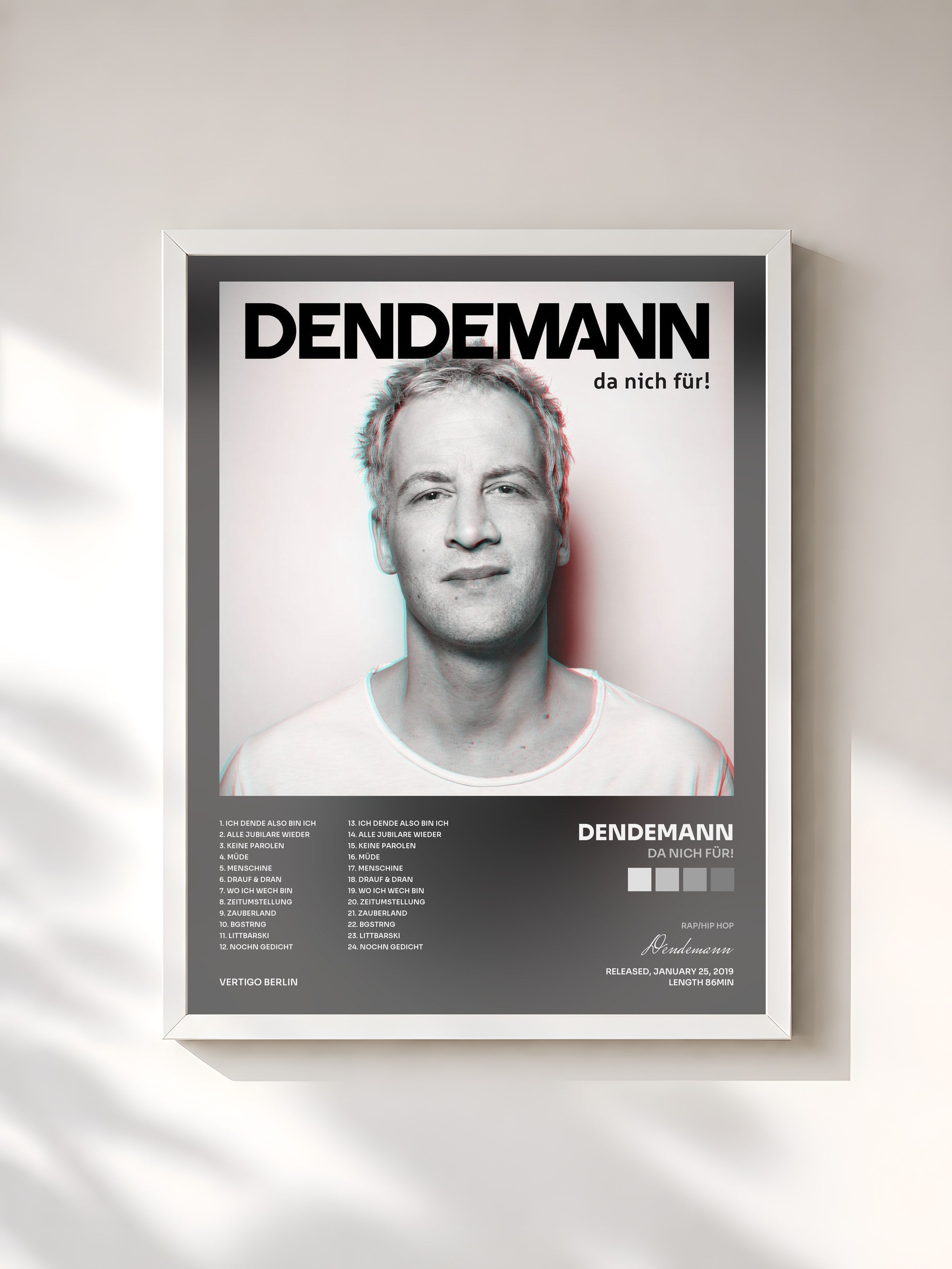 #blanc Tableau de l'album da nich für! de Dendemann, cadre blanc, imprimé et encadré en France